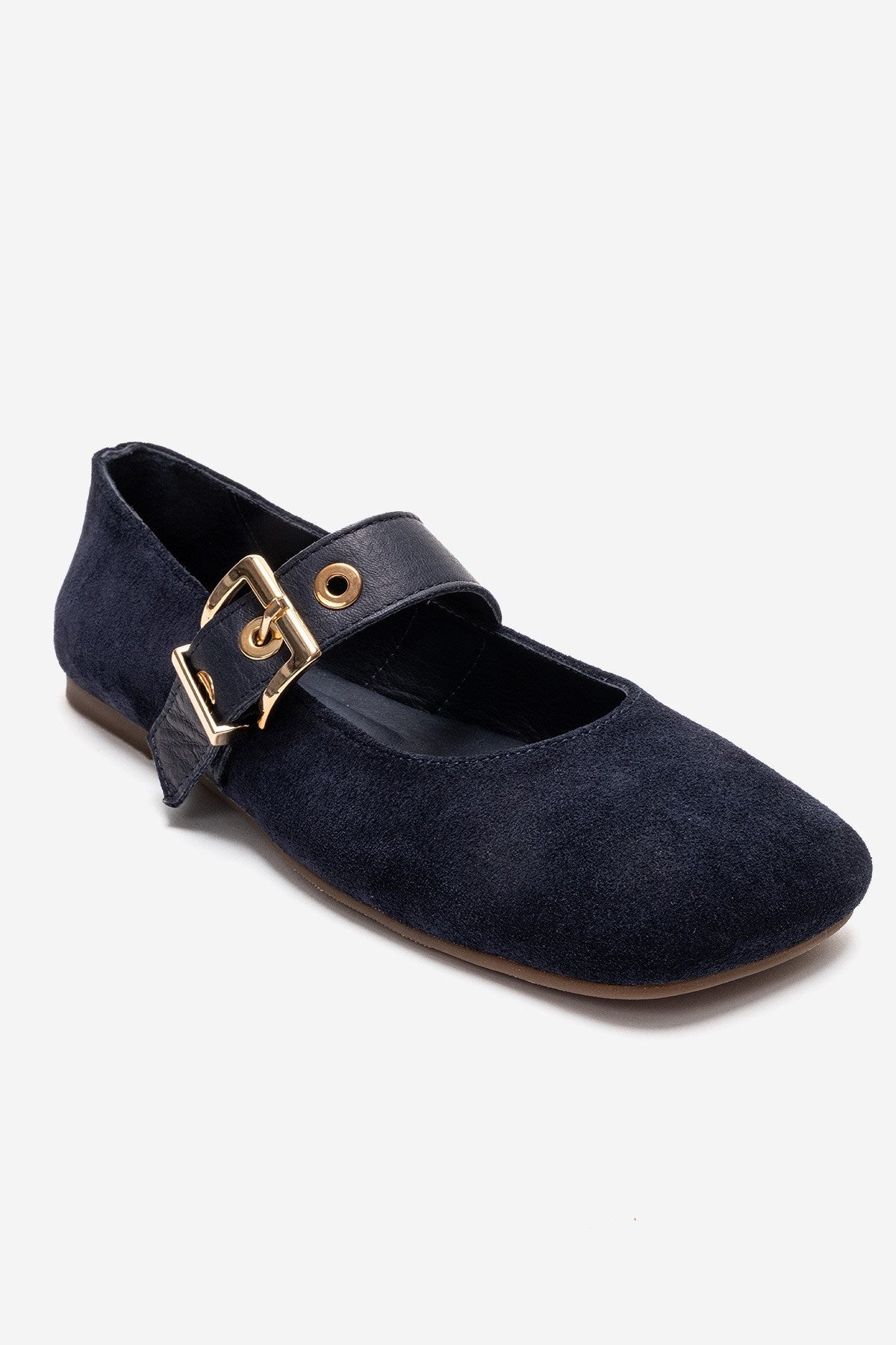 Jonas - Navy Genuine Leather Mary Jane Ballet Flat – detail view showing leather, suede, Vowalisse