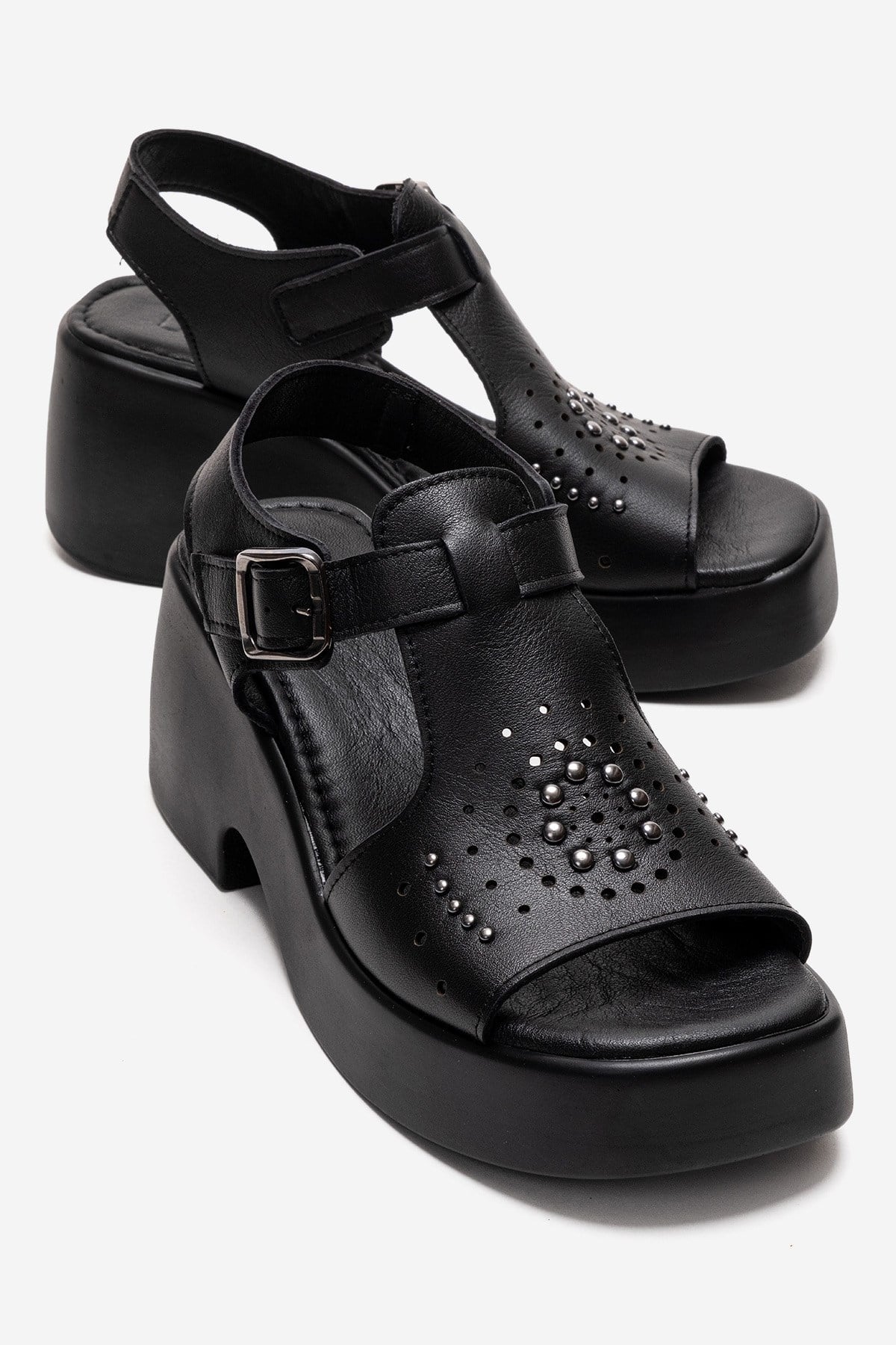 Romina - Black Genuine Leather Platform Heel Sandal – front three-quarter view showing leather, black, Vowalisse