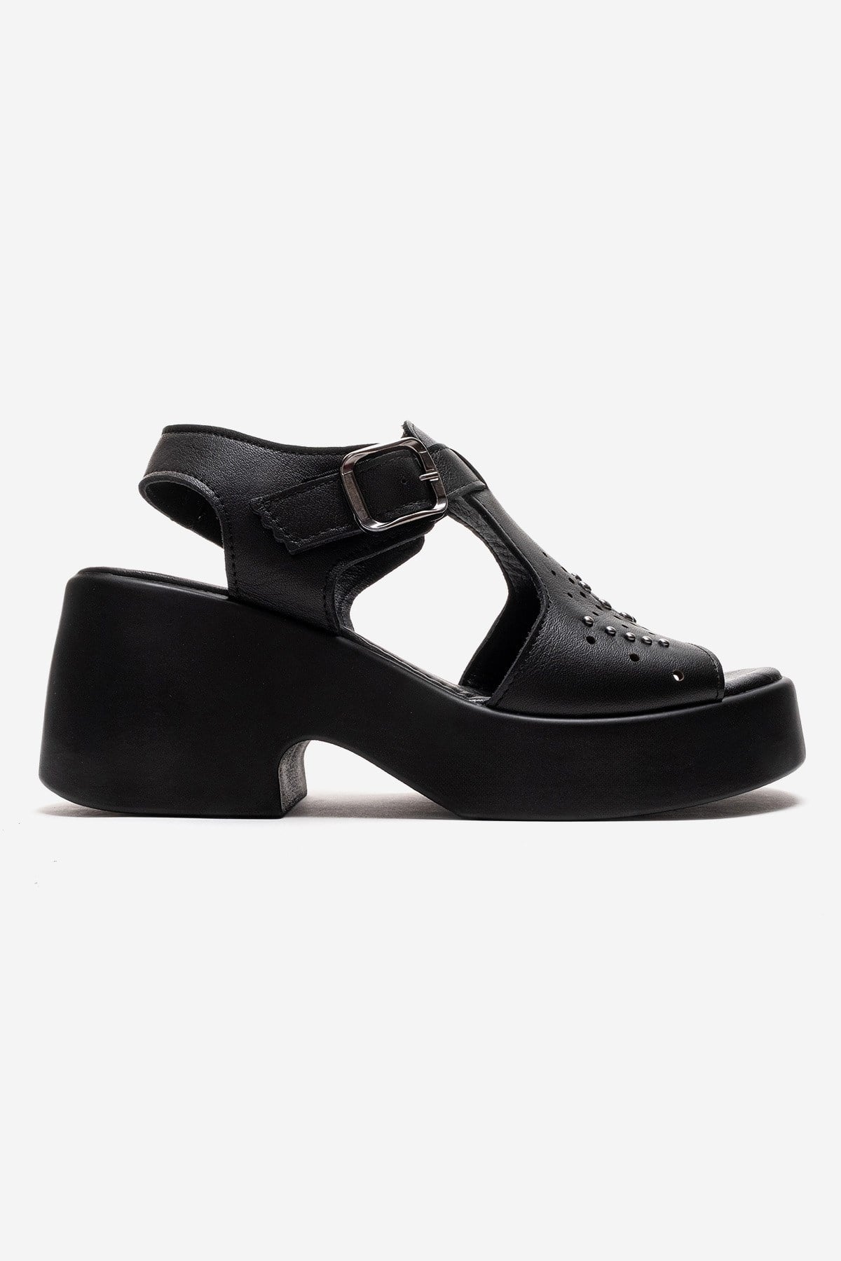 Romina - Black Genuine Leather Platform Heel Sandal – heel view showing leather, black, Vowalisse
