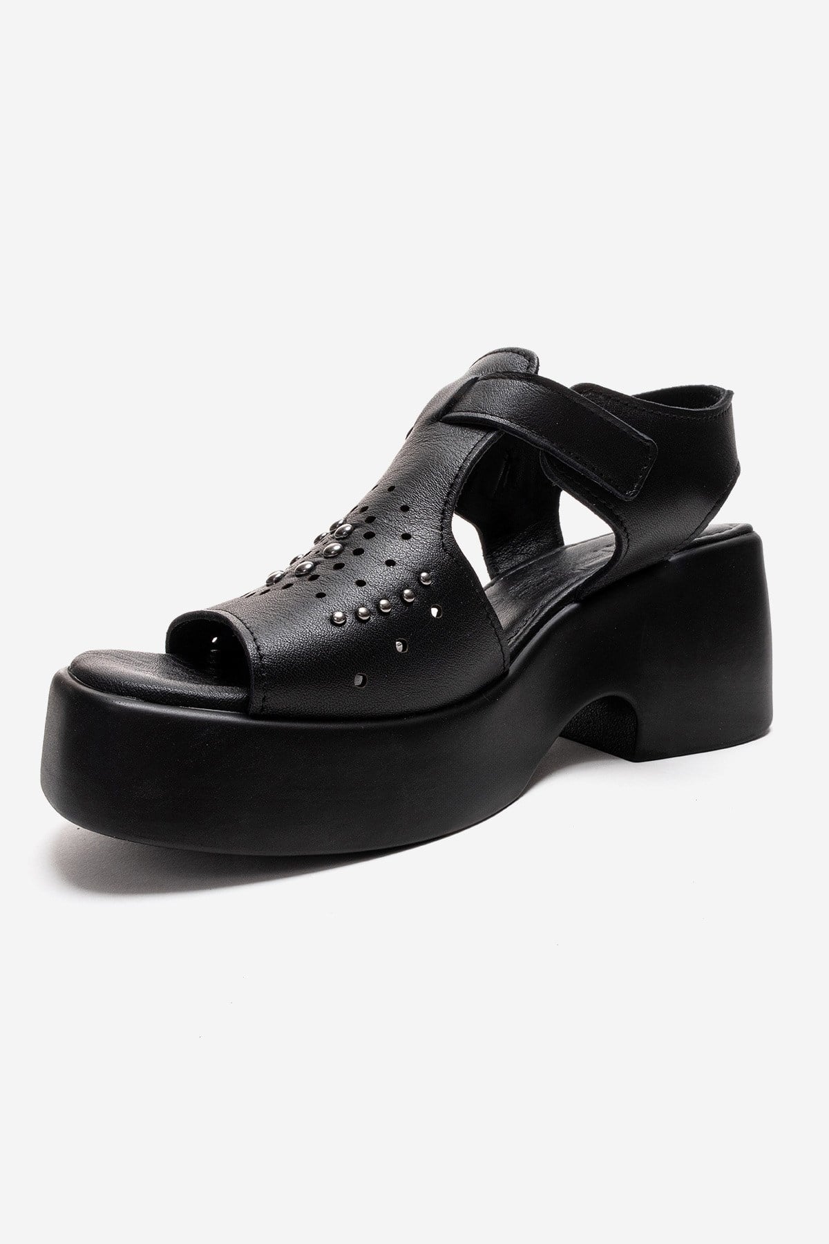 Romina - Black Genuine Leather Platform Heel Sandal – top view showing leather, black, Vowalisse
