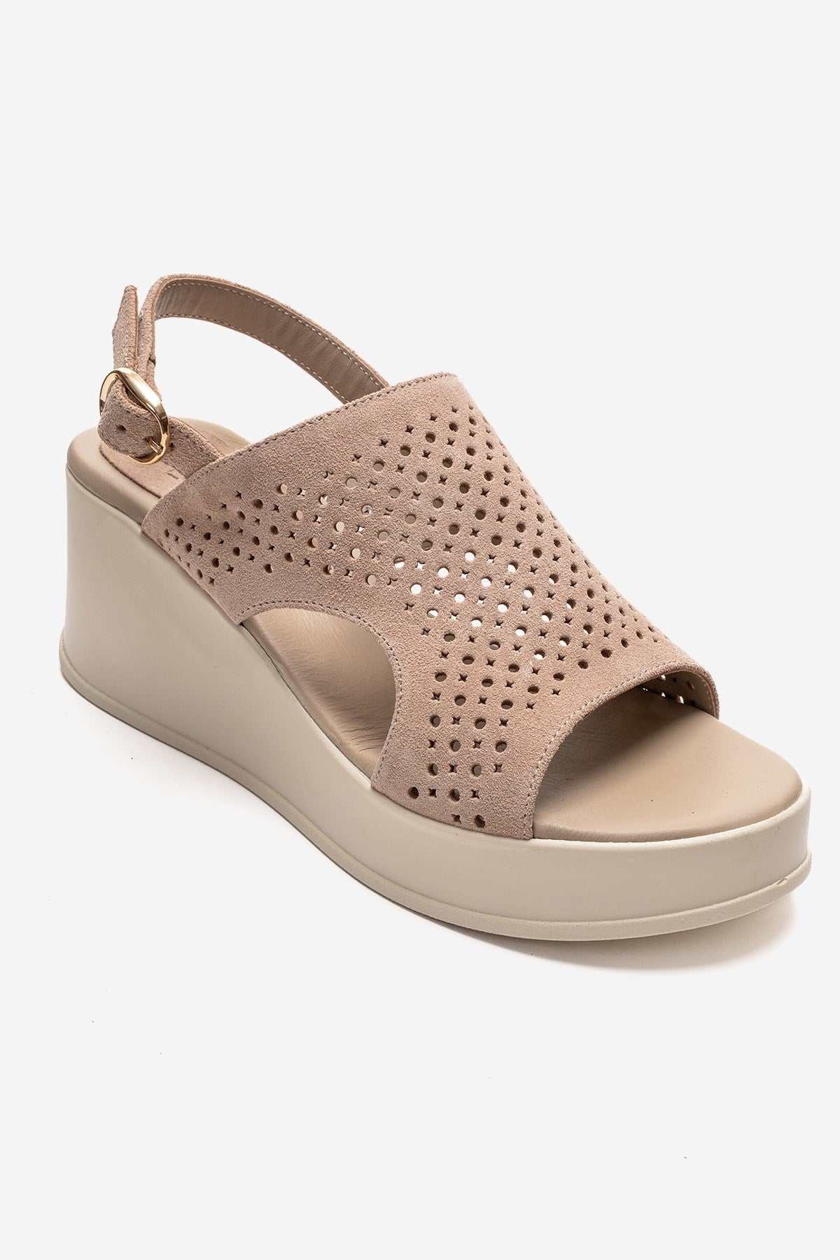 JADIRA - Beige Genuine Leather Platform Sandal – detail view showing leather, suede, Vowalisse