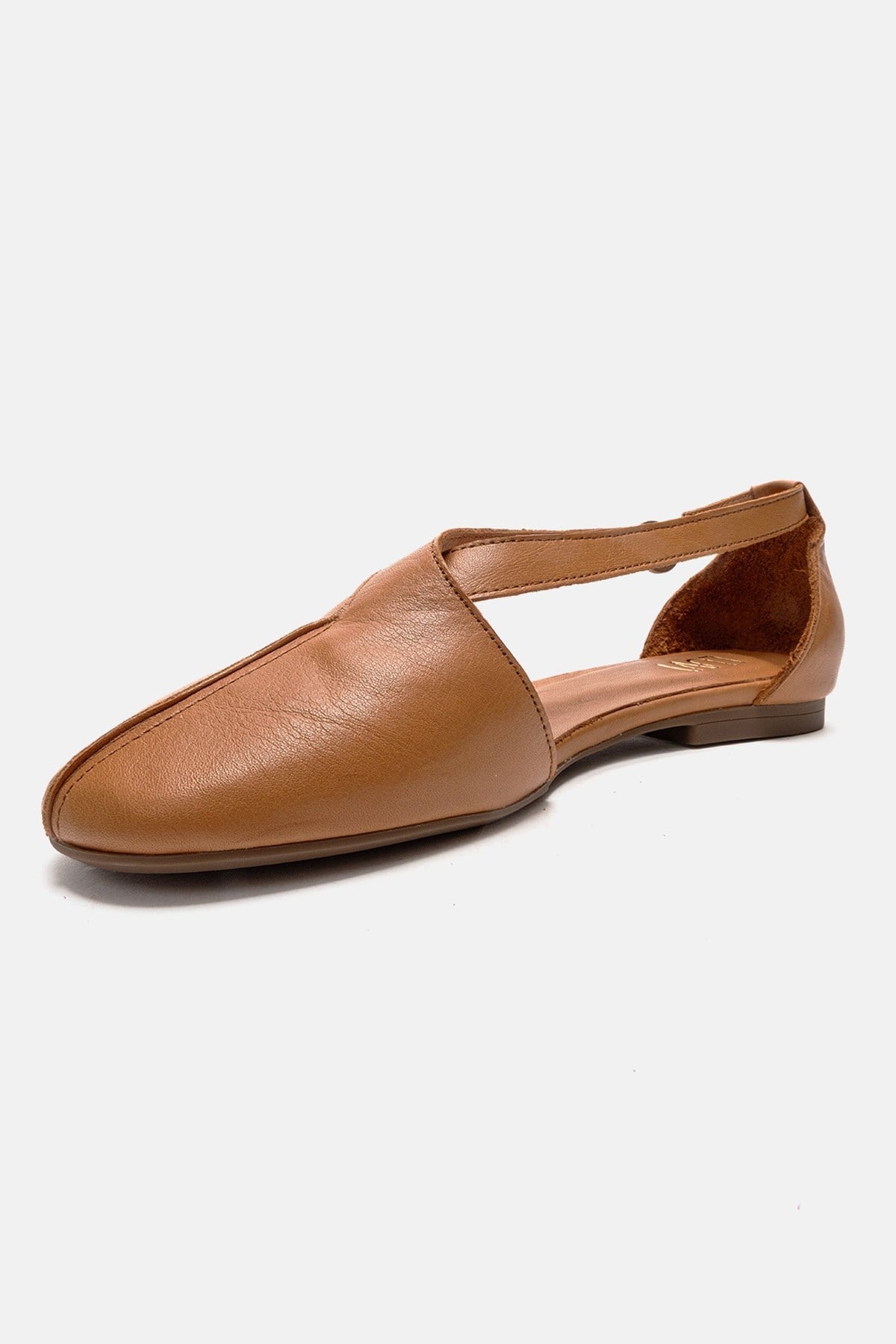 Fable - Camel Genuine Leather Open-Side Ballet Flat – top view showing leather, Vowalisse