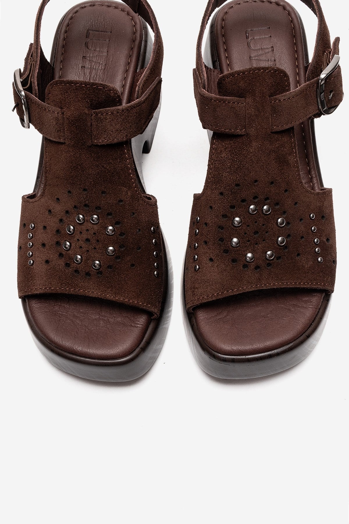 Romina - Brown Genuine Suede Leather Platform Heel Sandal – side view showing leather, suede, metallic, Vowalisse