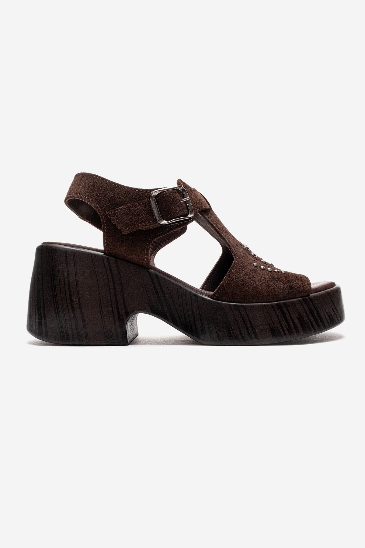Romina - Brown Genuine Suede Leather Platform Heel Sandal – heel view showing leather, suede, metallic, Vowalisse