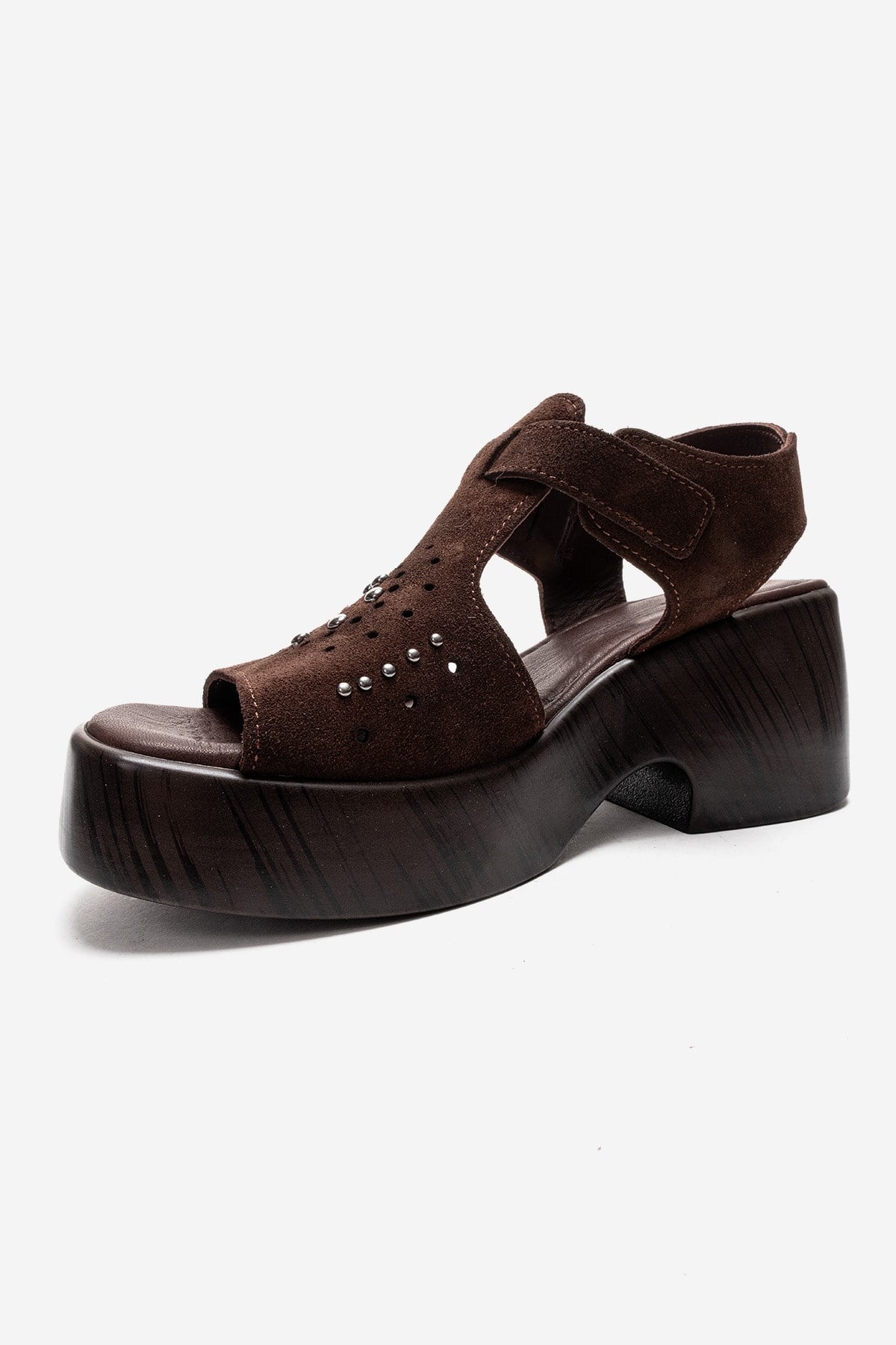Romina - Brown Genuine Suede Leather Platform Heel Sandal – top view showing leather, suede, metallic, Vowalisse