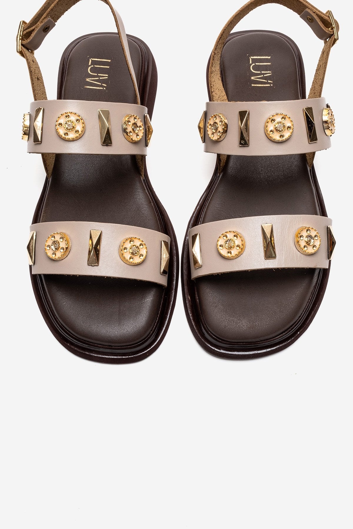 LIBERA - Beige Genuine Leather Buckled Sandal – side view showing leather, metallic, Vowalisse