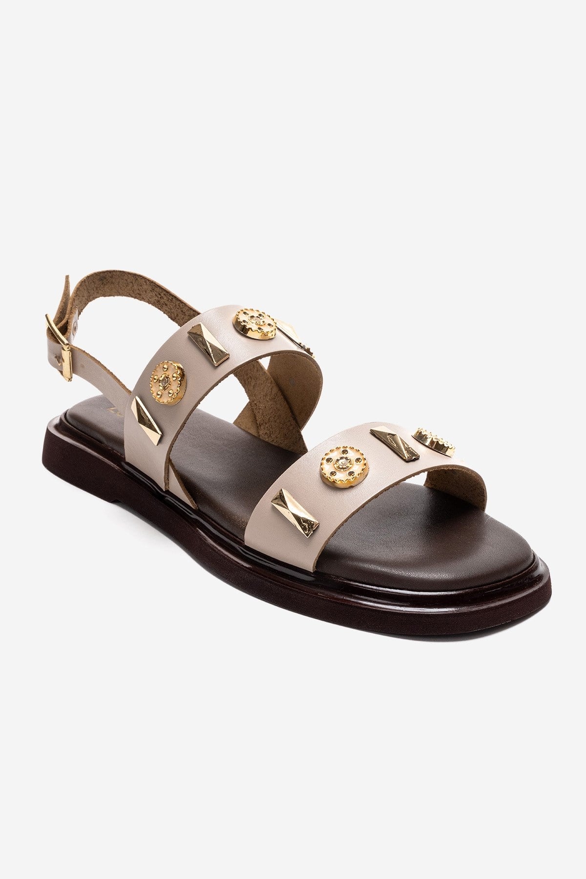 LIBERA - Beige Genuine Leather Buckled Sandal – detail view showing leather, metallic, Vowalisse