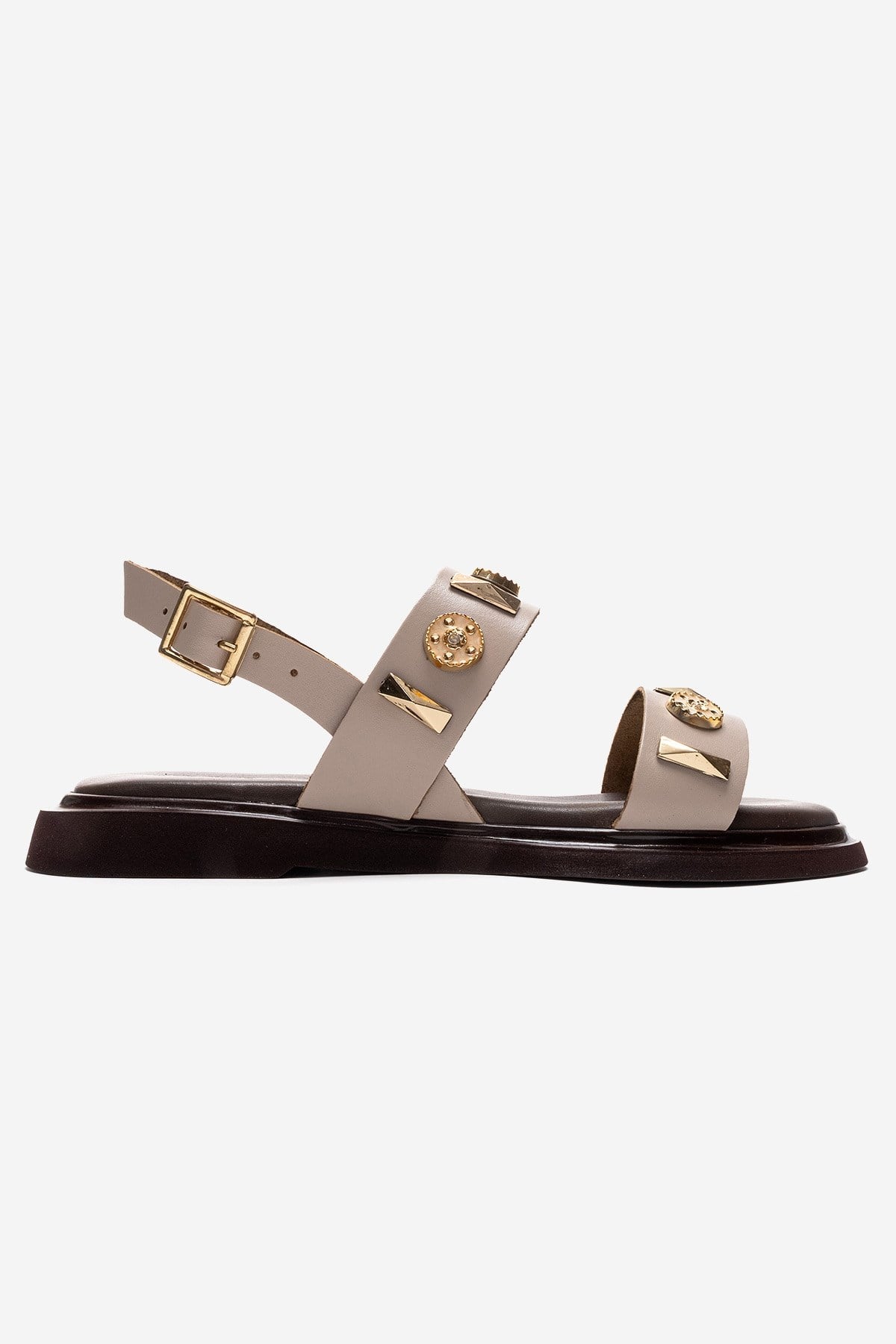 LIBERA - Beige Genuine Leather Buckled Sandal – heel view showing leather, metallic, Vowalisse