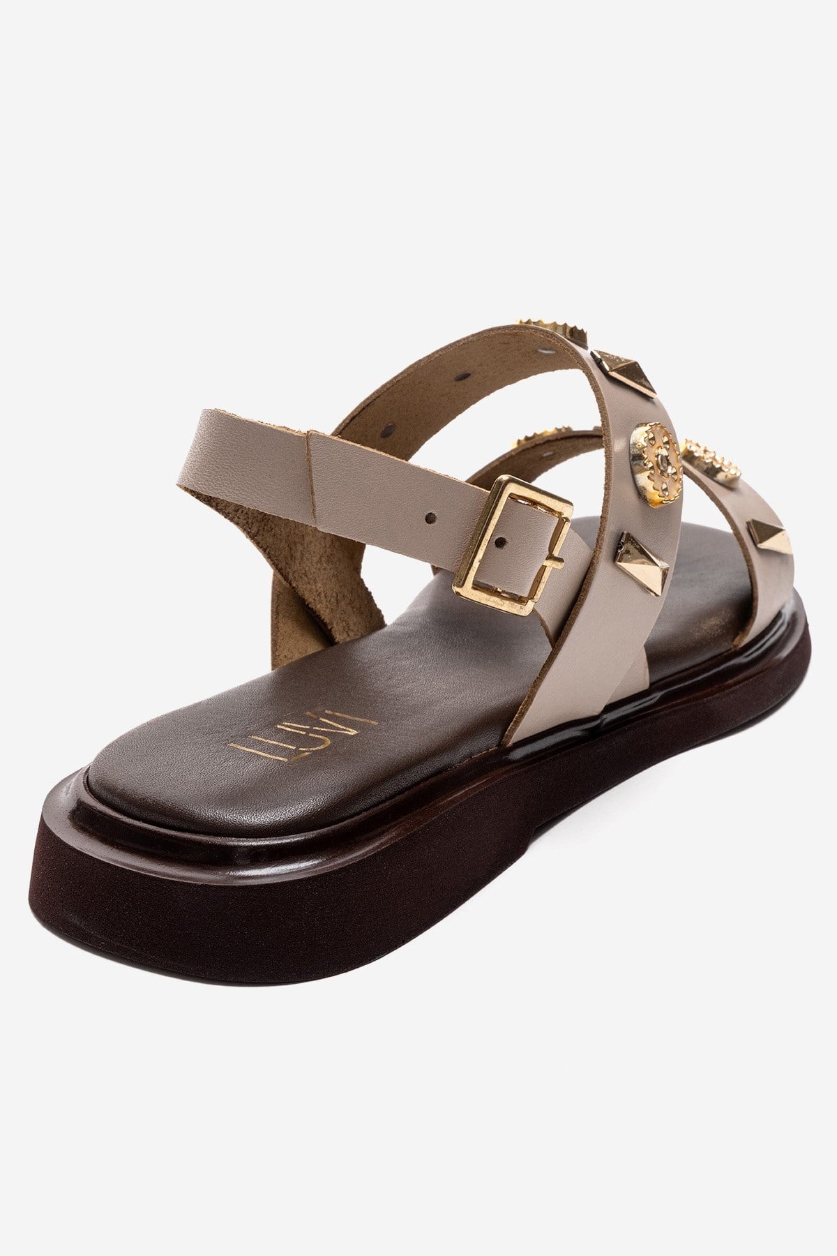 LIBERA - Beige Genuine Leather Buckled Sandal – back view showing leather, metallic, Vowalisse