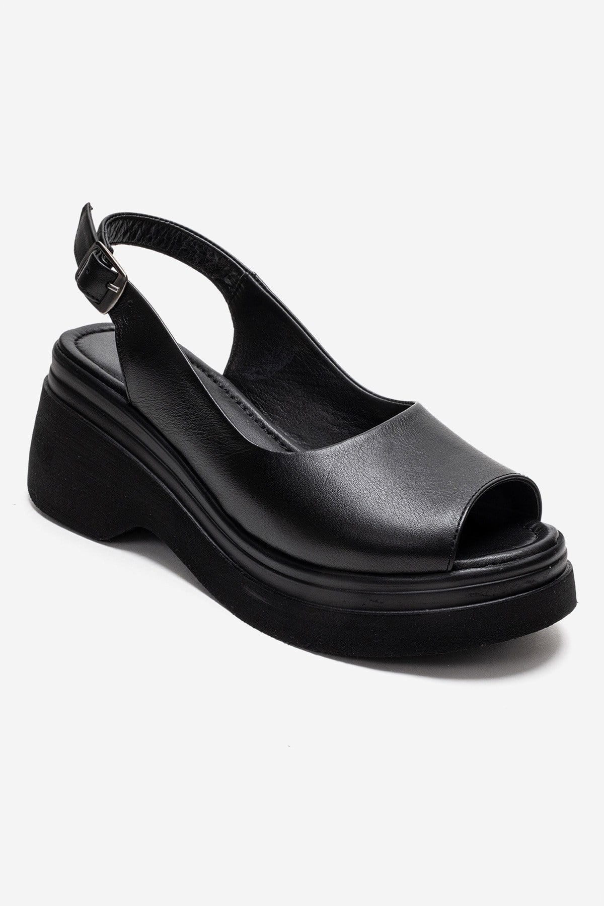 LAURE - Black Genuine Leather Platform Sandal – detail view showing leather, black, Vowalisse