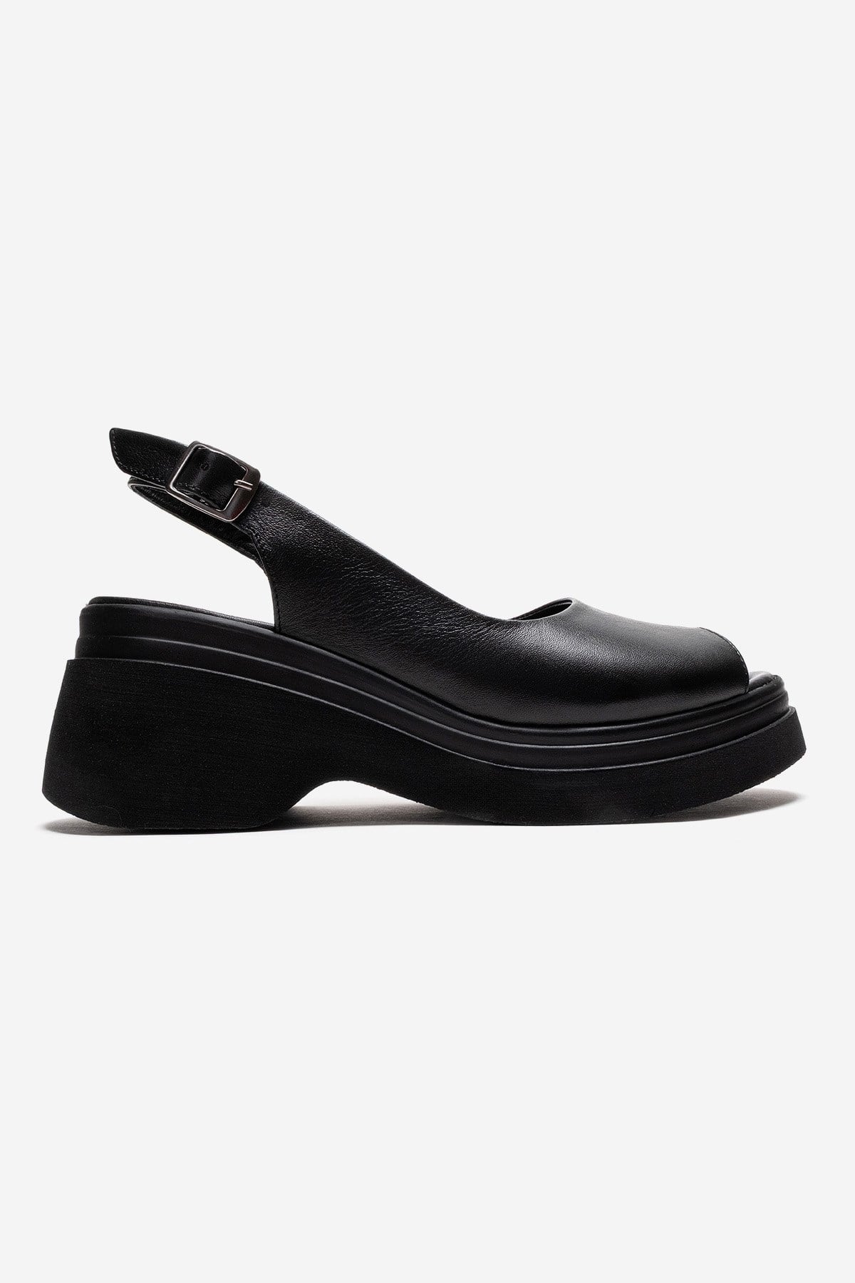 LAURE - Black Genuine Leather Platform Sandal – heel view showing leather, black, Vowalisse