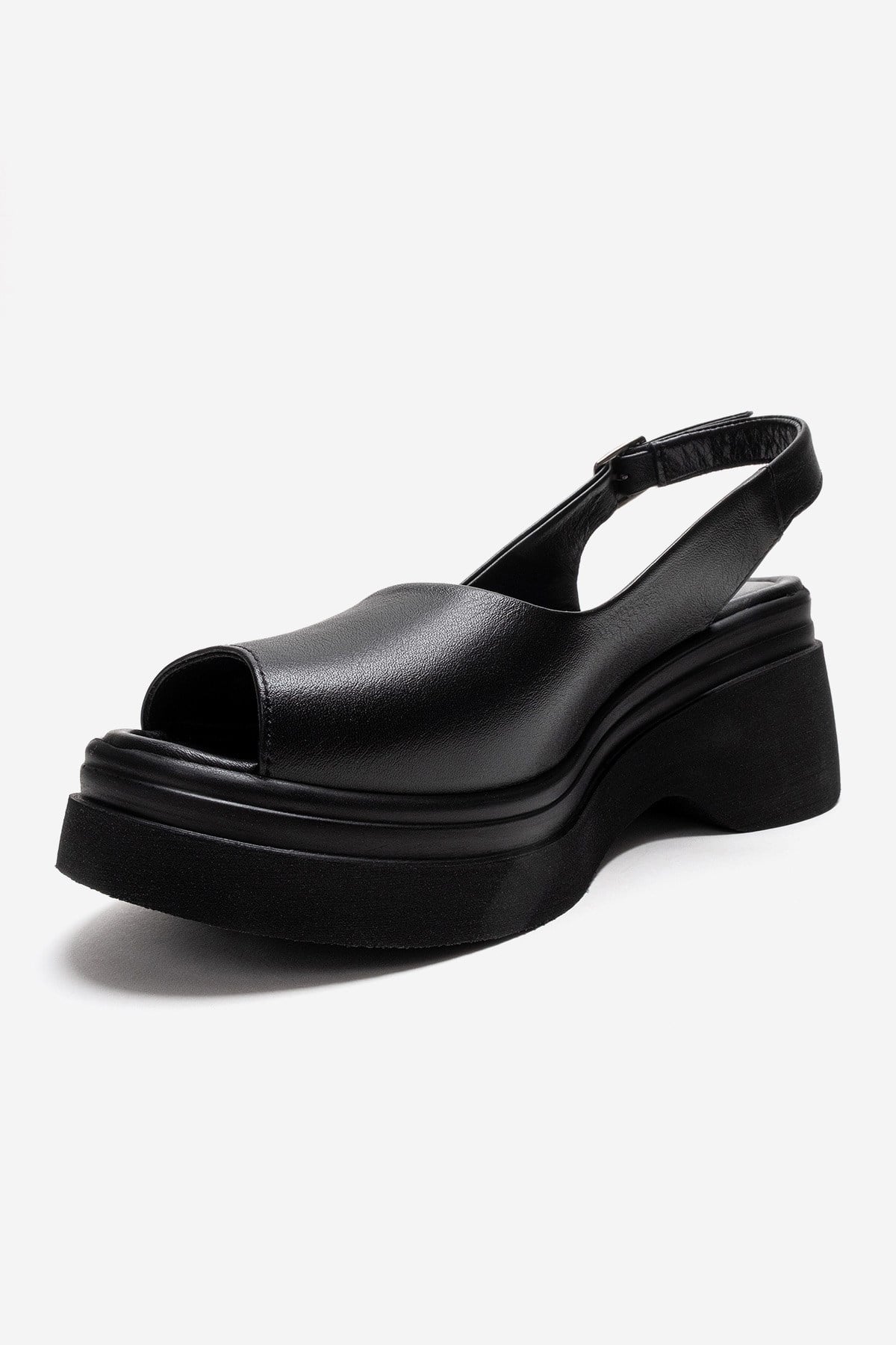 LAURE - Black Genuine Leather Platform Sandal – top view showing leather, black, Vowalisse