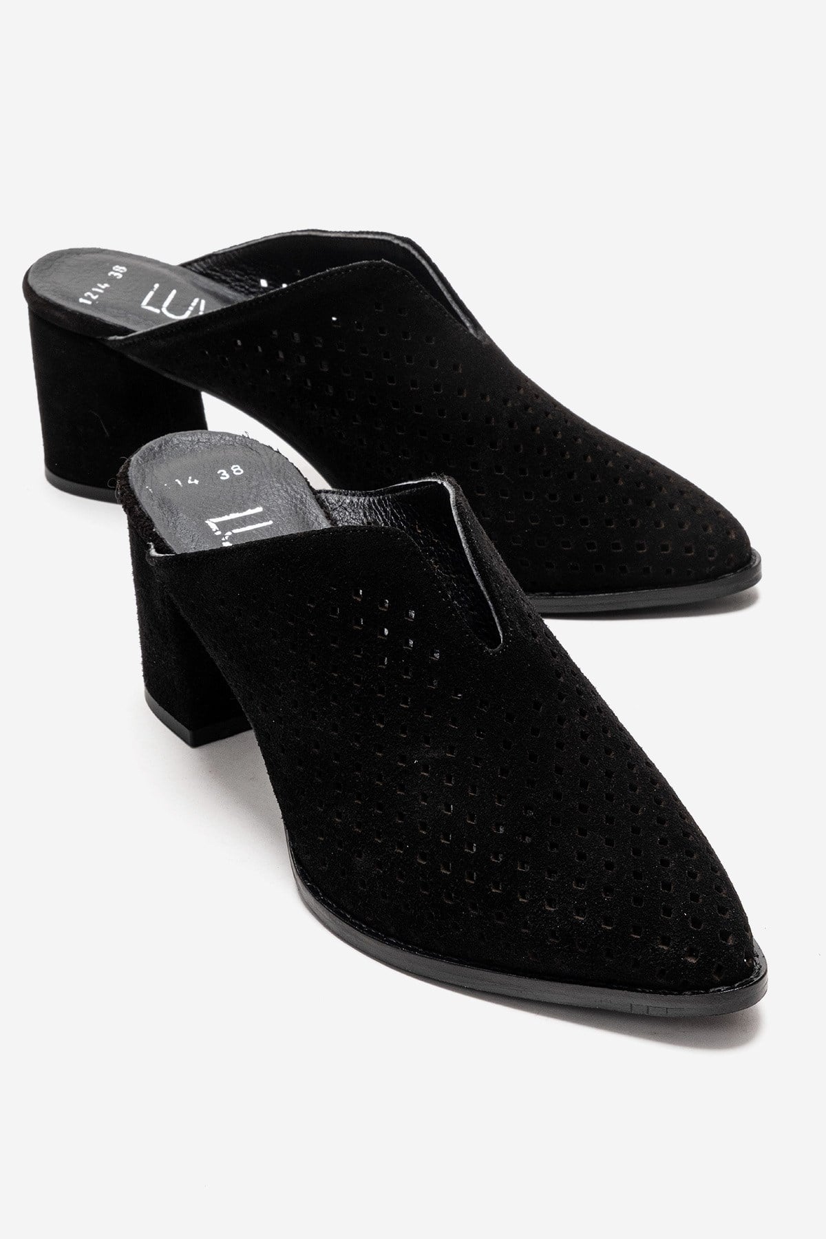 TOEN - Black Genuine Suede Leather Block Heel Mule – front three-quarter view showing leather, suede, black, Vowalisse