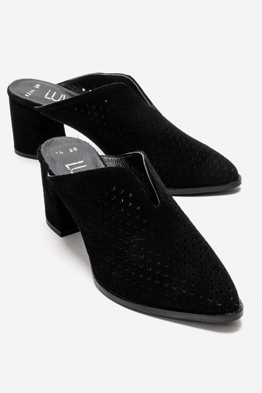 TOEN - Black Genuine Suede Leather Block Heel Mule