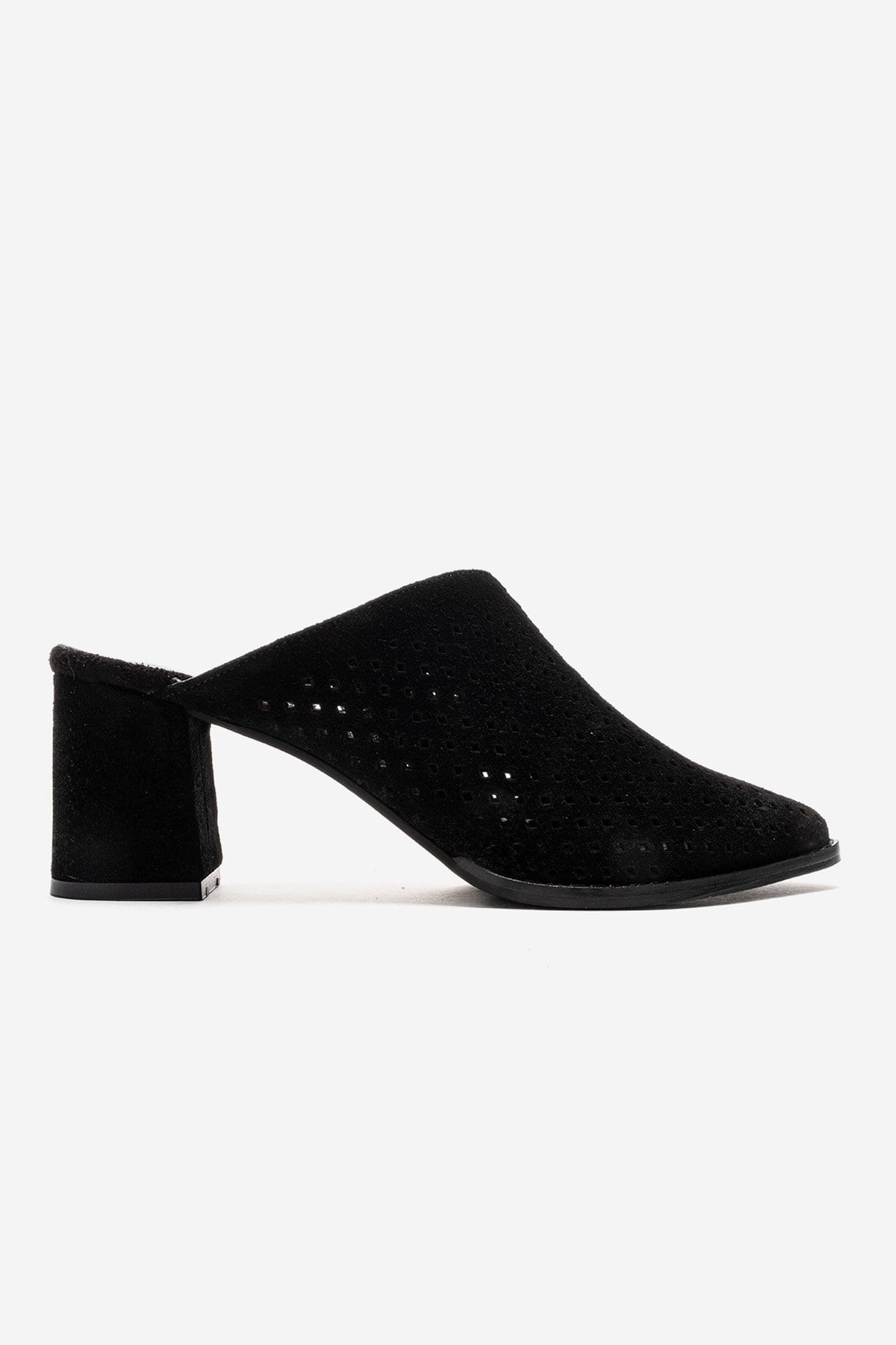 TOEN - Black Genuine Suede Leather Block Heel Mule – heel view showing leather, suede, black, Vowalisse