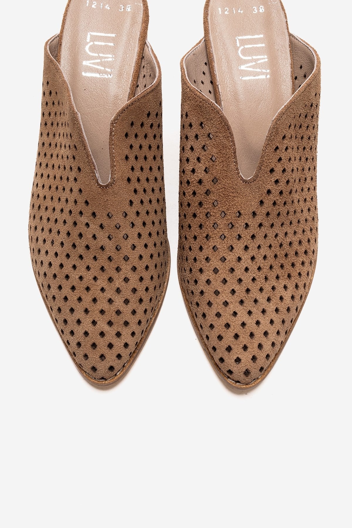 TOEN - Camel Genuine Leather Block Heel Mule – side view showing leather, suede, Vowalisse