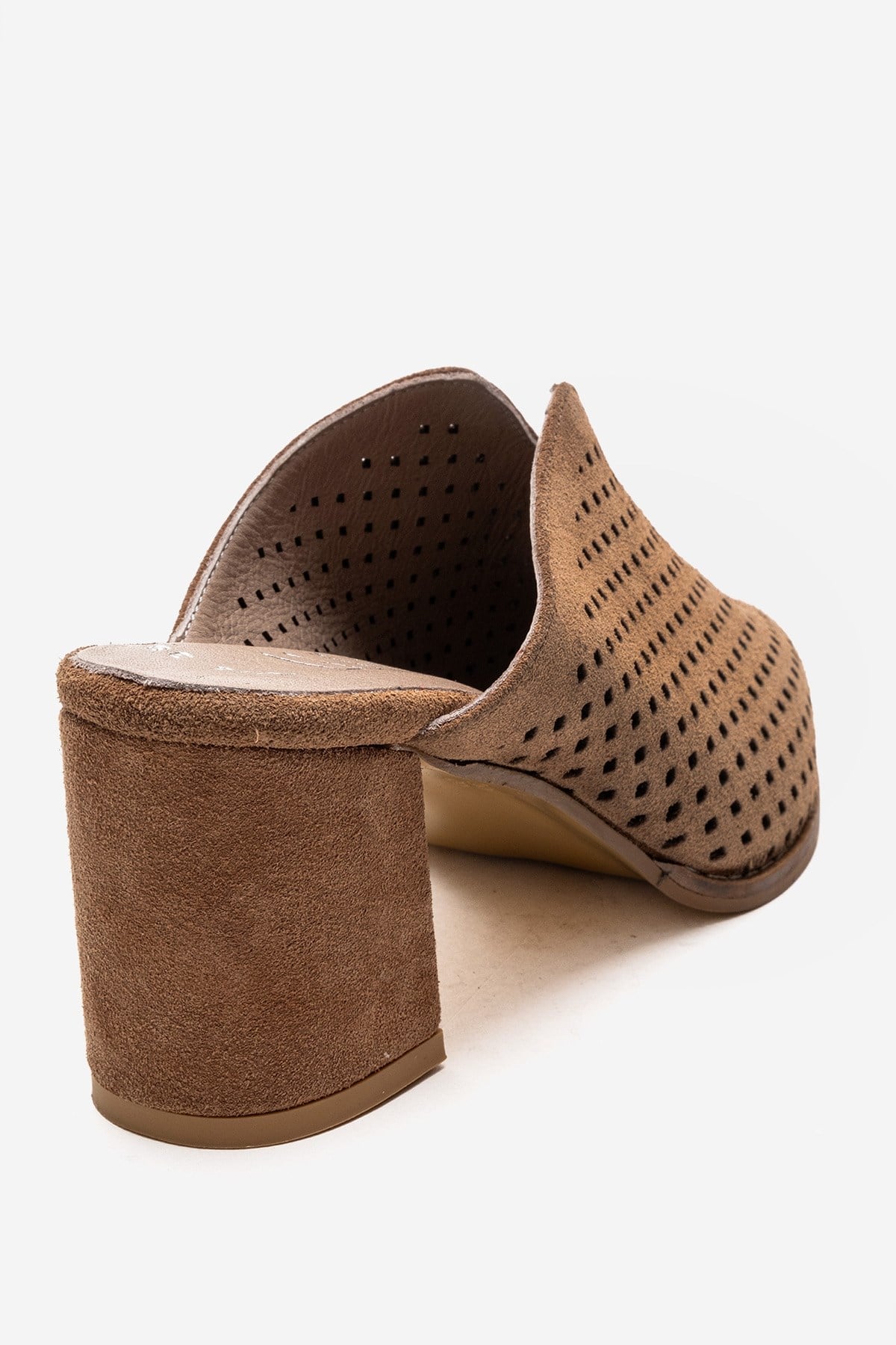 TOEN - Camel Genuine Leather Block Heel Mule – back view showing leather, suede, Vowalisse