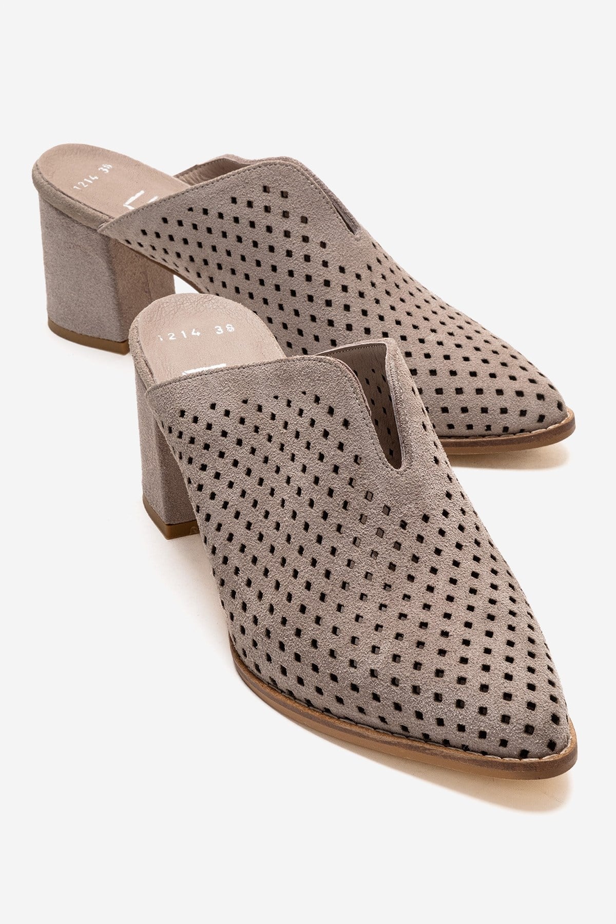 TOEN - Beige Genuine Leather Block Heel Mule – front three-quarter view showing leather, suede, Vowalisse