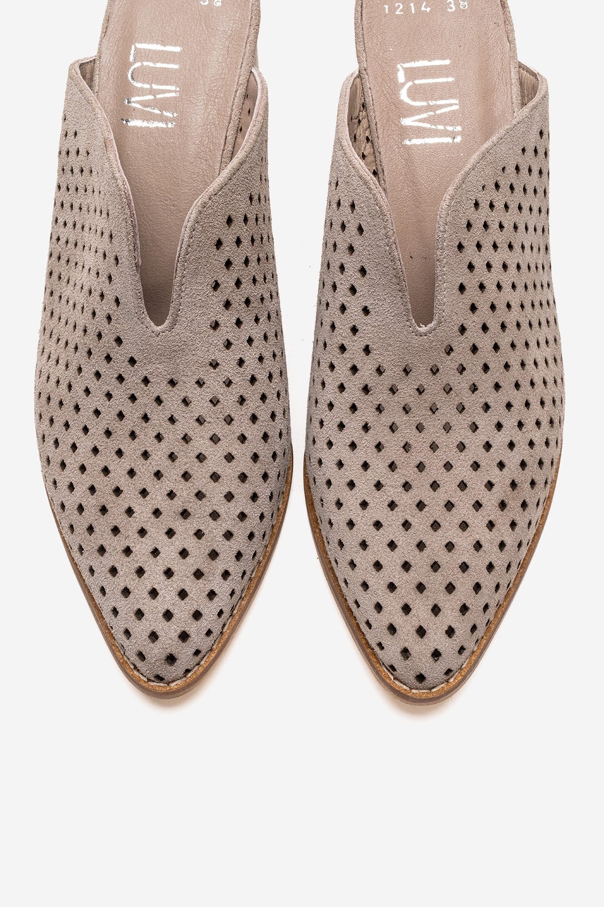 TOEN - Beige Genuine Leather Block Heel Mule – side view showing leather, suede, Vowalisse
