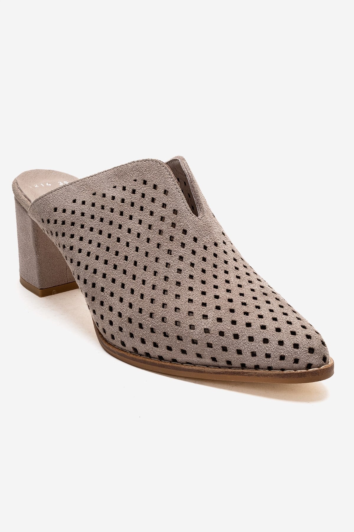 TOEN - Beige Genuine Leather Block Heel Mule – detail view showing leather, suede, Vowalisse