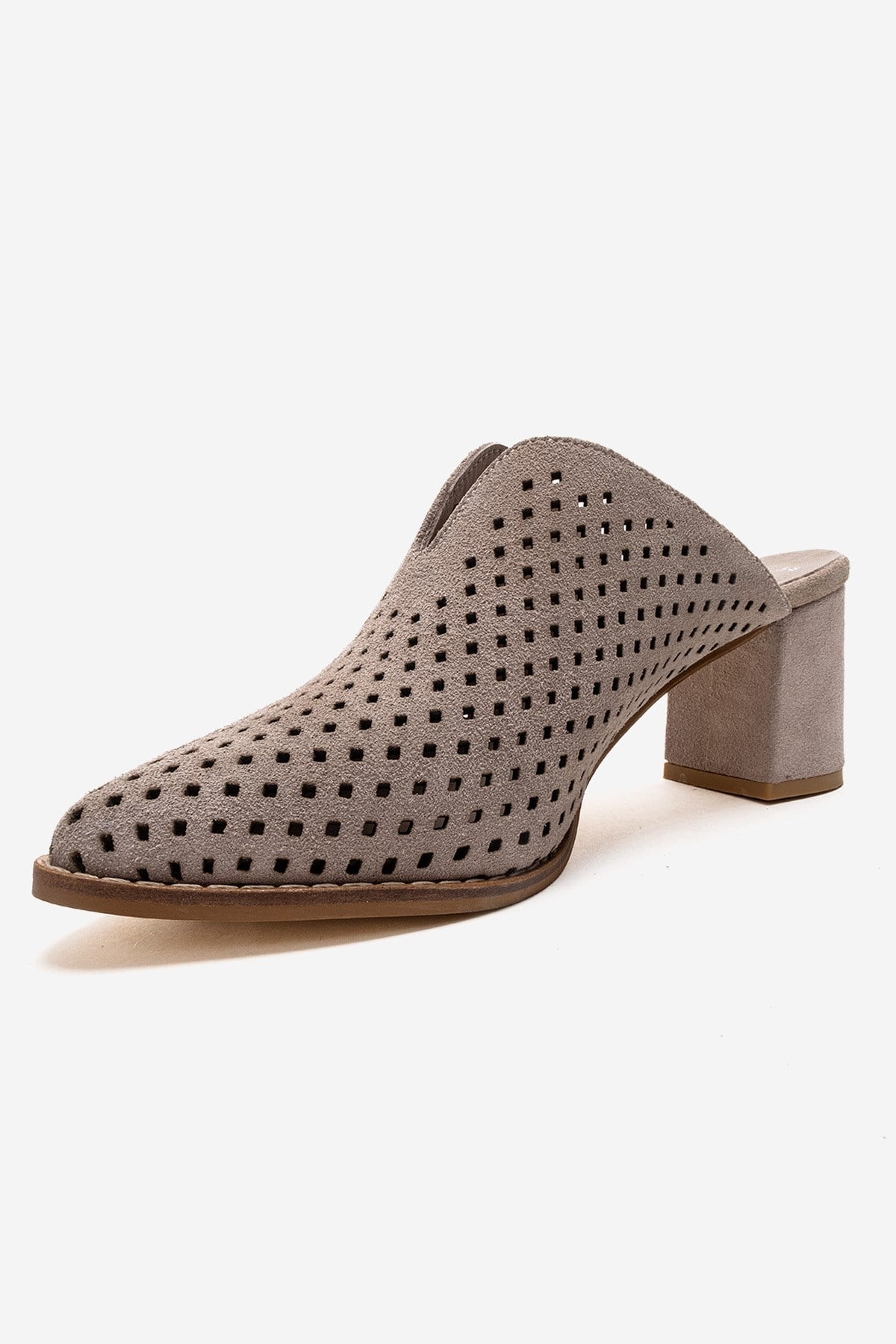 TOEN - Beige Genuine Leather Block Heel Mule – top view showing leather, suede, Vowalisse