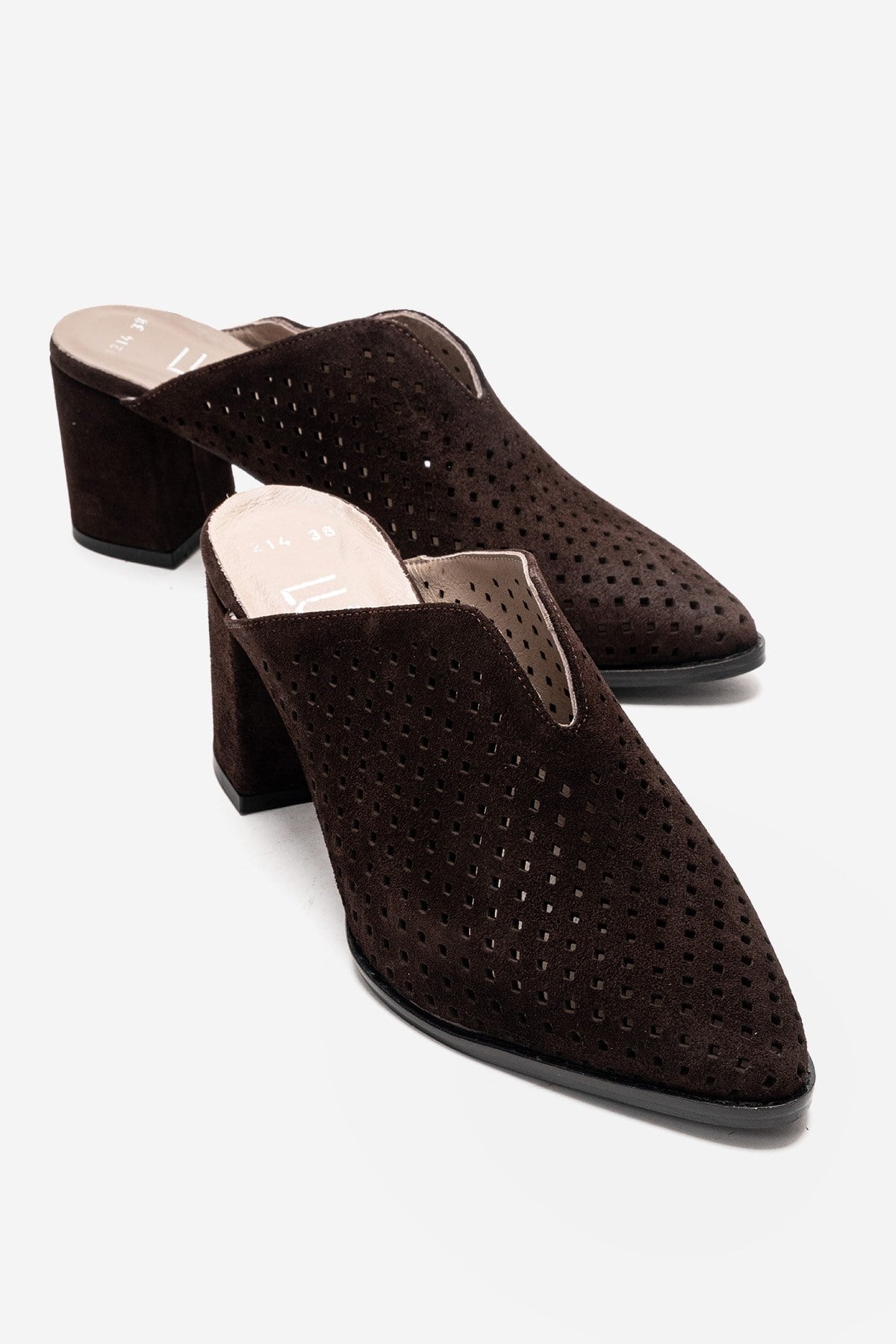 TOEN - Brown Genuine Leather Block Heel Mule – front three-quarter view showing leather, suede, Vowalisse
