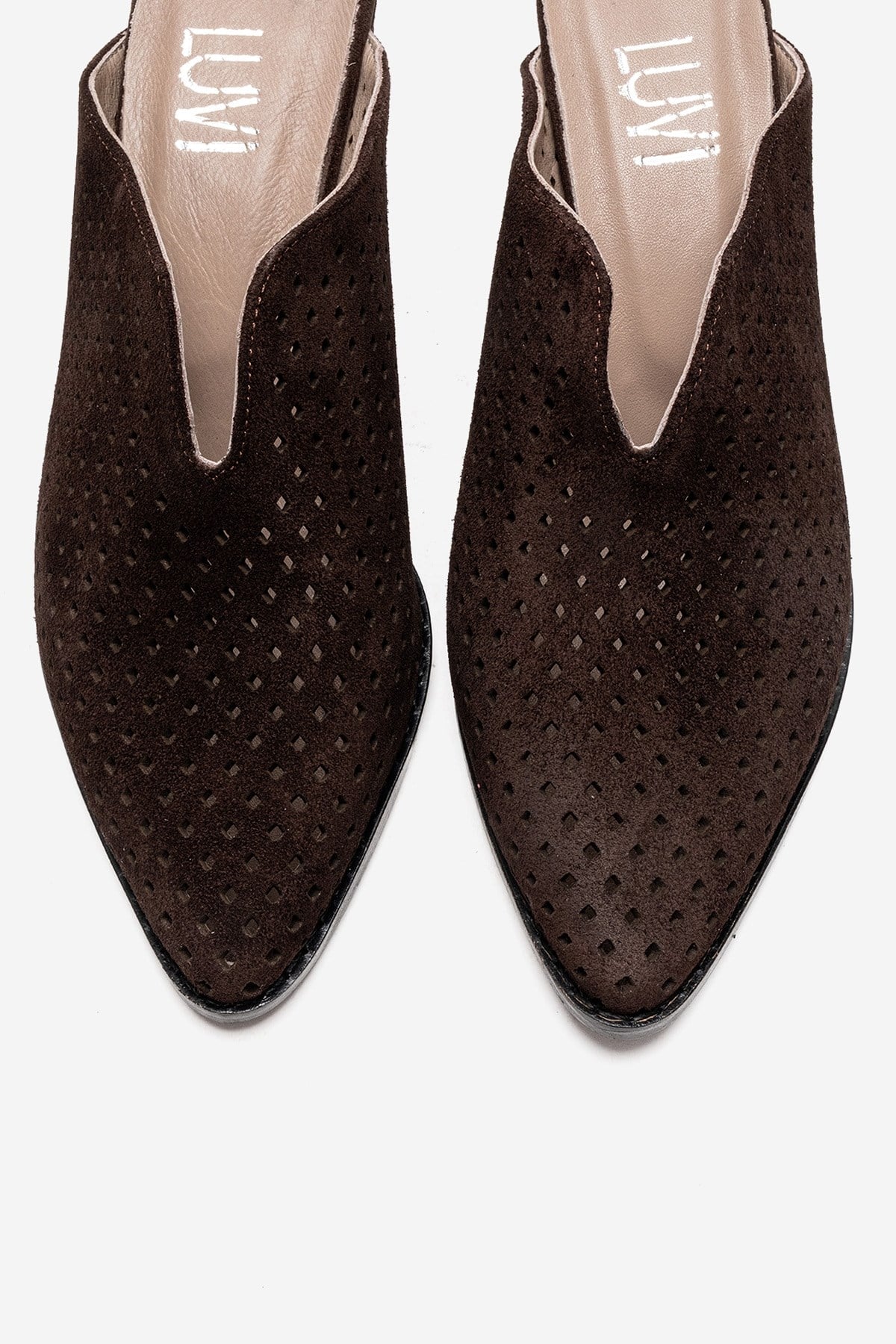 TOEN - Brown Genuine Leather Block Heel Mule – side view showing leather, suede, Vowalisse