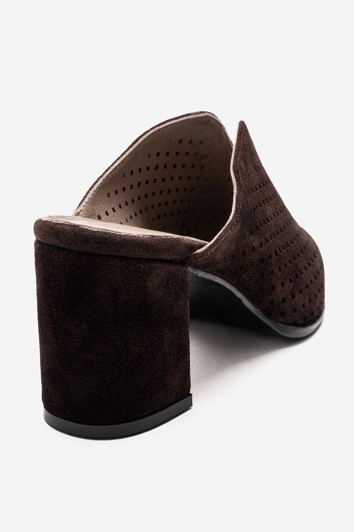 TOEN - Brown Genuine Leather Block Heel Mule – back view showing leather, suede, Vowalisse