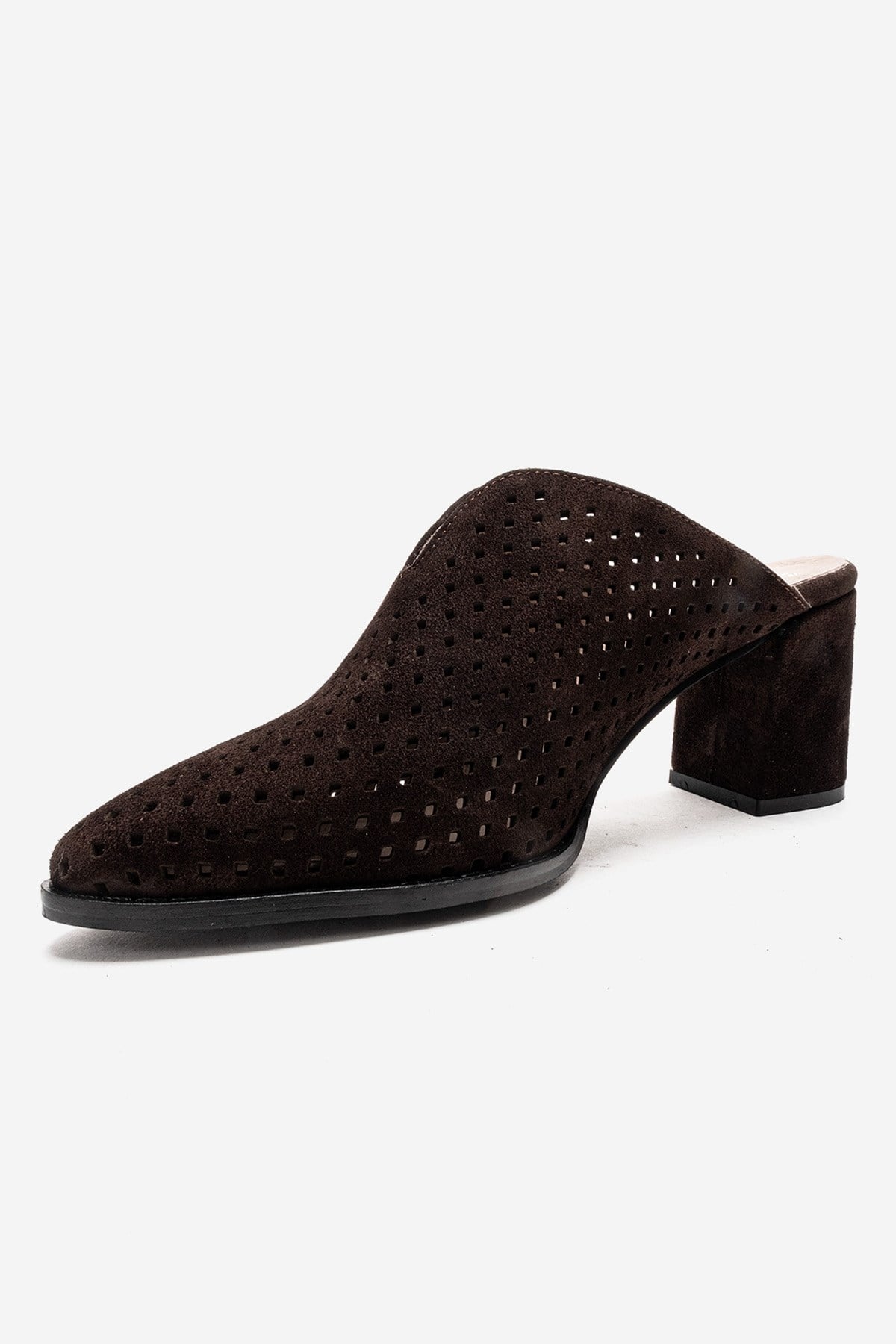 TOEN - Brown Genuine Leather Block Heel Mule – top view showing leather, suede, Vowalisse