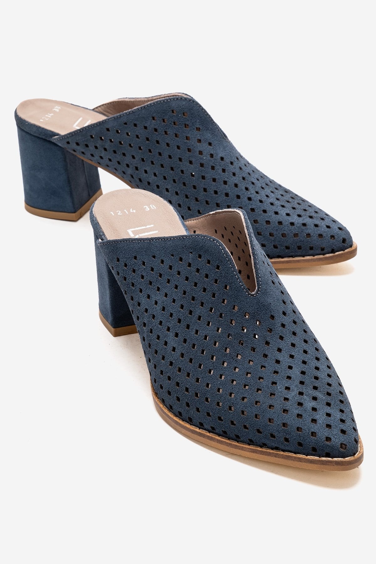 TOEN - Denim Blue Genuine Leather Block Heel Mule – front three-quarter view showing leather, suede, blue, Vowalisse