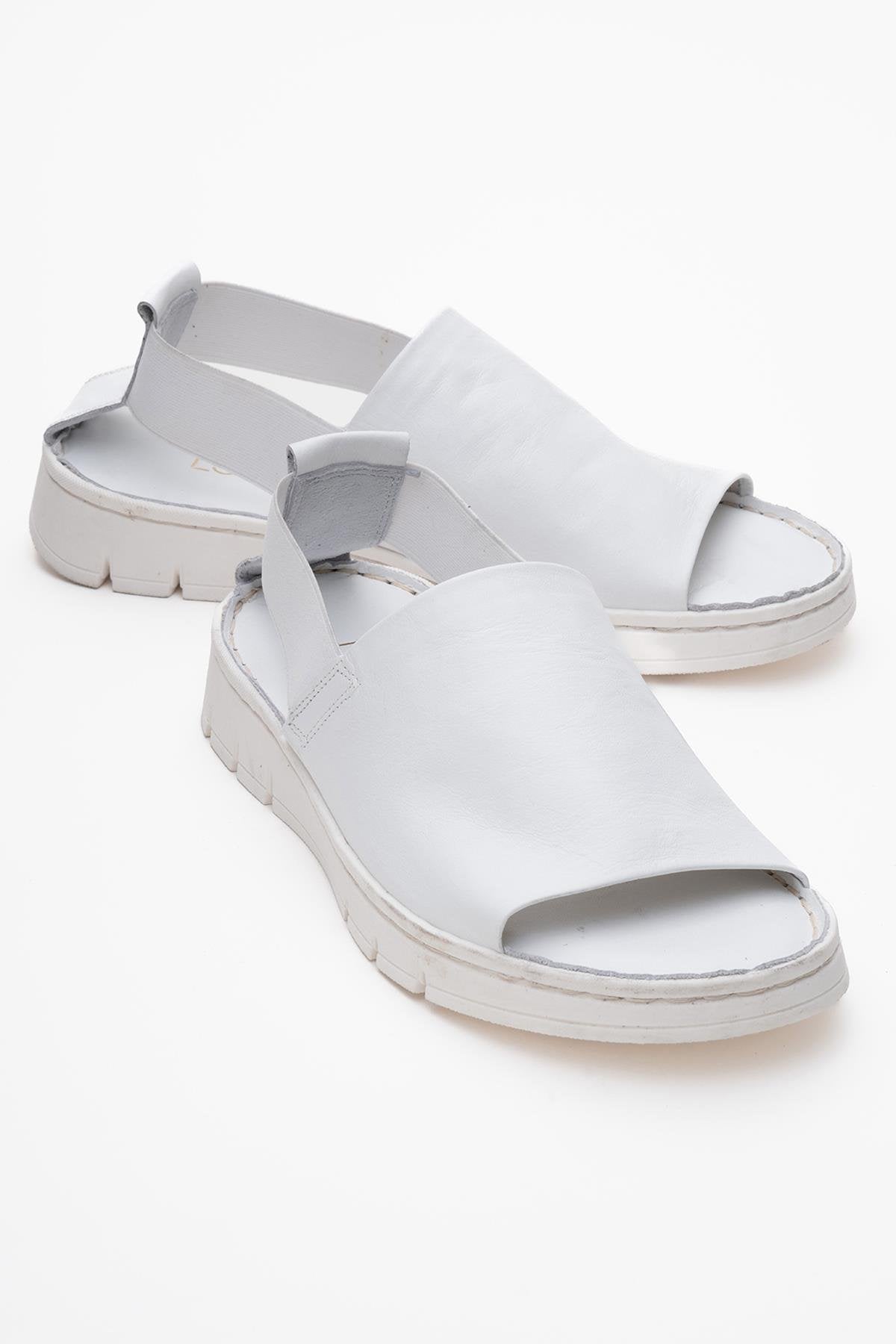 Londoi - White Elastic Strap Leather Sandal – front three-quarter view showing leather, white, Vowalisse