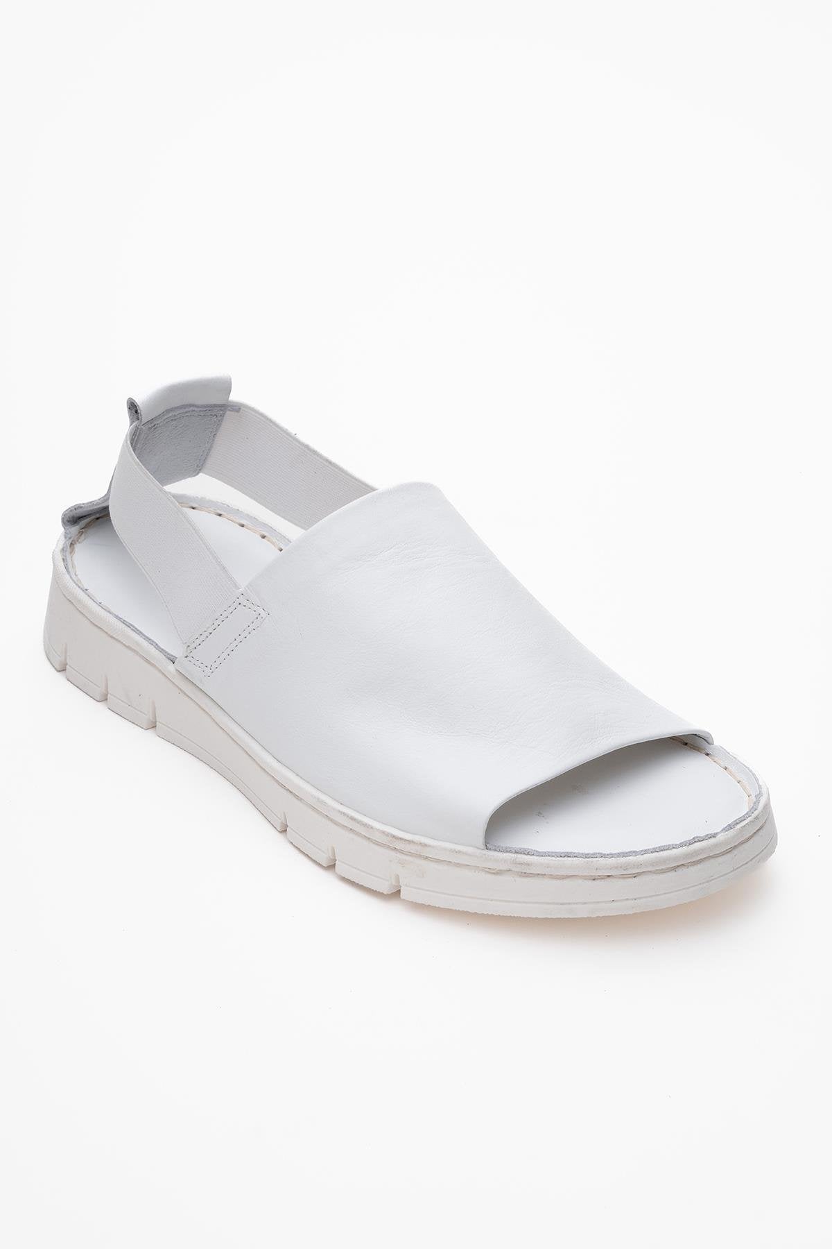 Londoi - White Elastic Strap Leather Sandal – detail view showing leather, white, Vowalisse