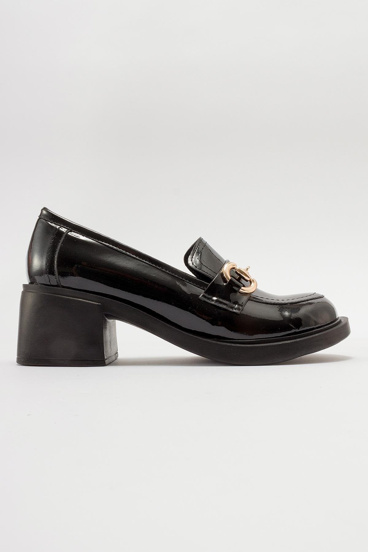 Sono - Black Patent Heeled Shoe – sole view showing leather, black, Vowalisse