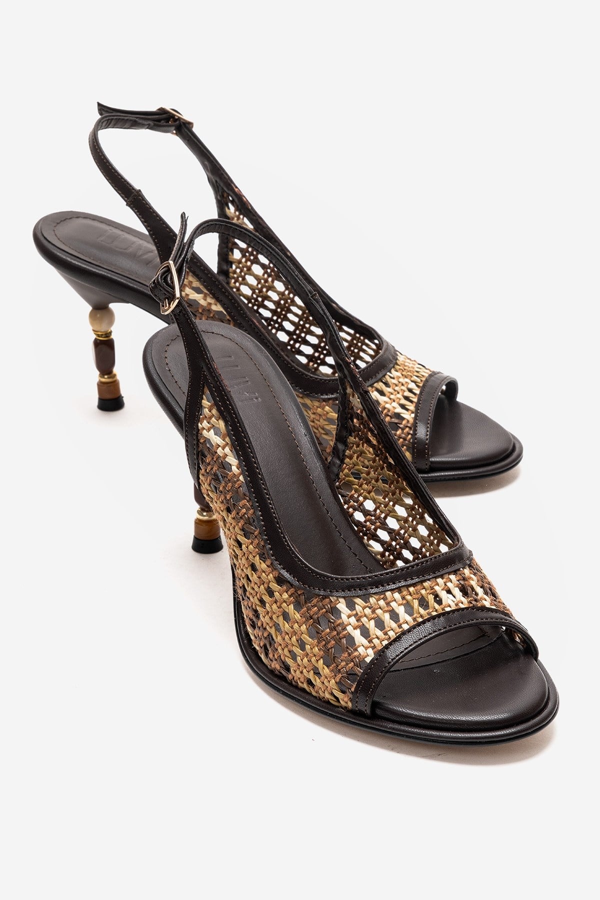 SOVEN - Brown Beaded-Heel Sandal – front three-quarter view showing leather, beaded, Vowalisse