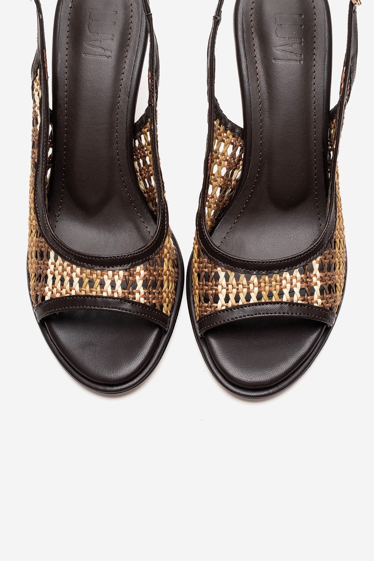 SOVEN - Brown Beaded-Heel Sandal – side view showing leather, beaded, Vowalisse