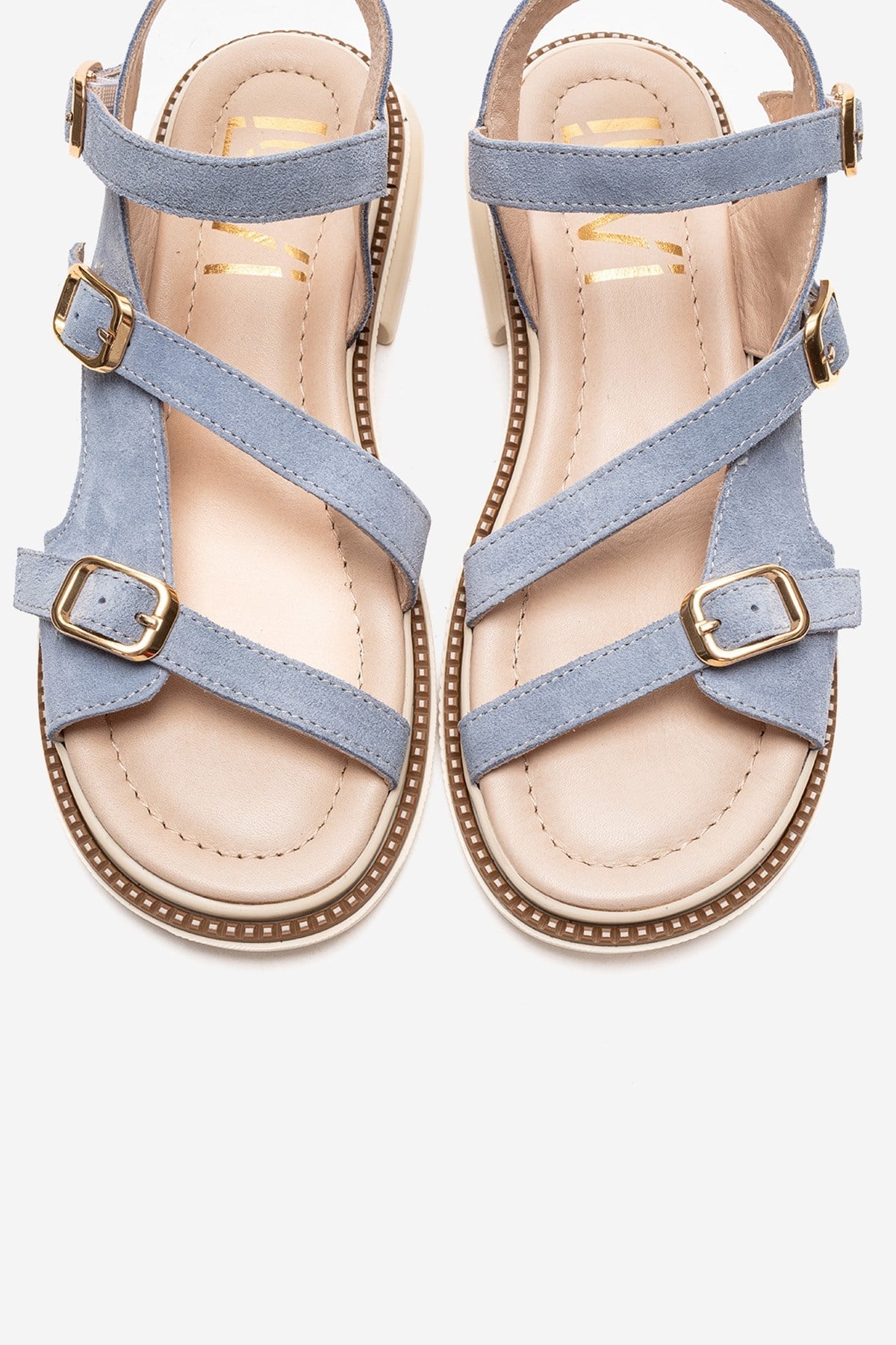 MOREZ - Blue Genuine Suede Leather Sandal – side view showing leather, suede, blue, Vowalisse
