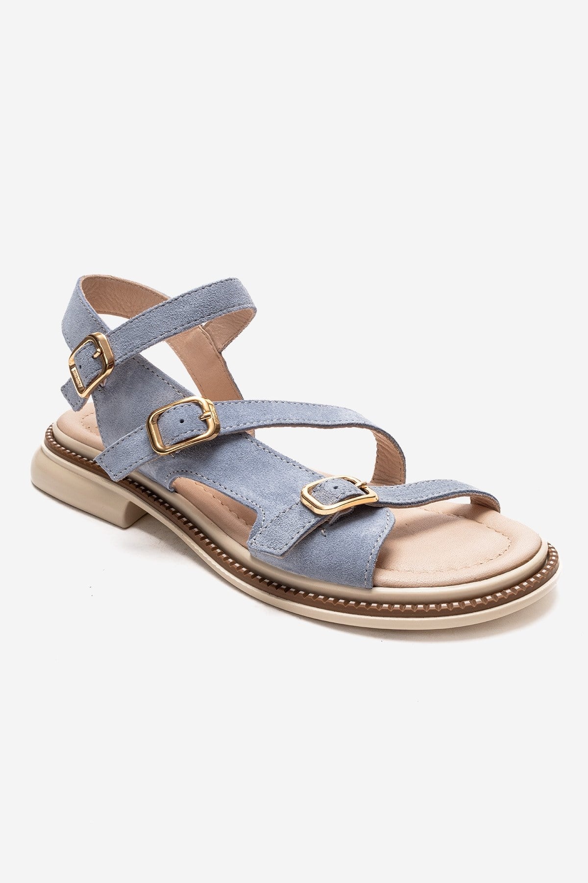 MOREZ - Blue Genuine Suede Leather Sandal – detail view showing leather, suede, blue, Vowalisse