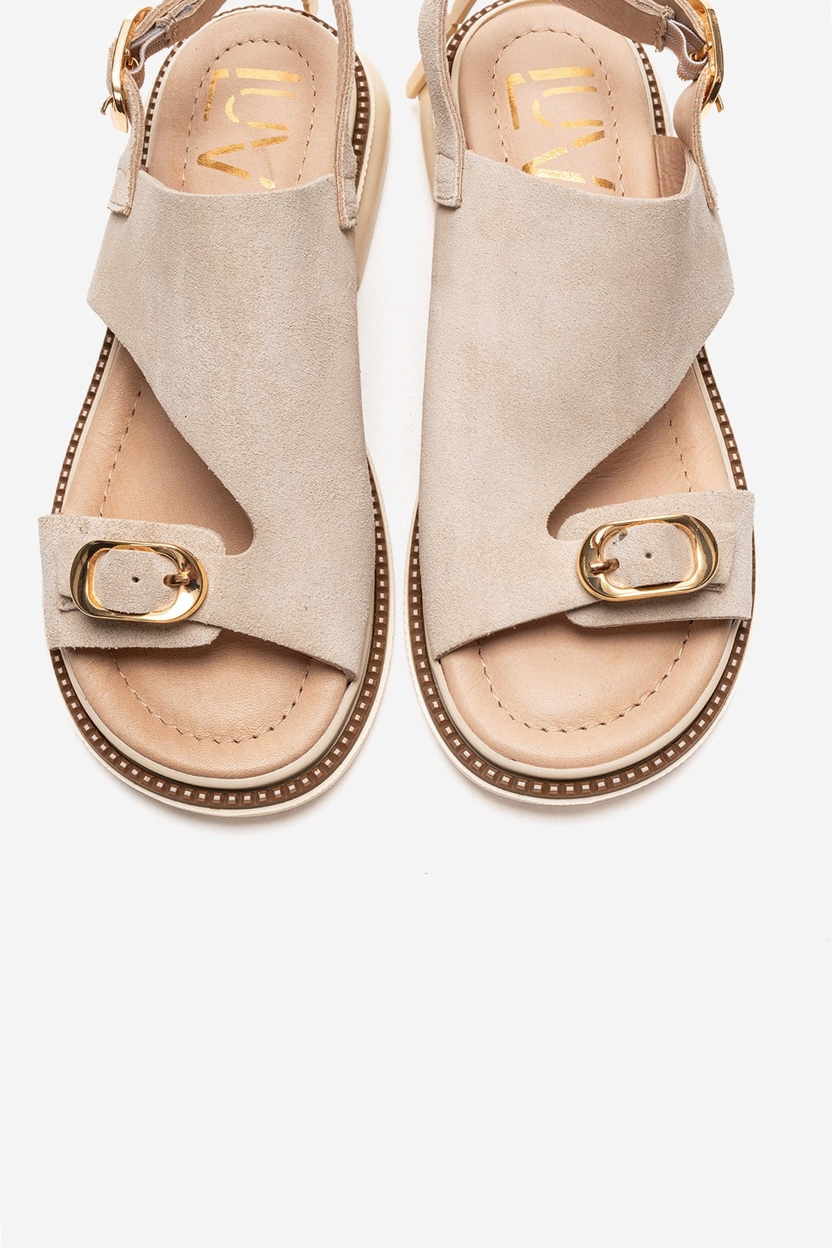 CRUEL - Beige Genuine Suede Leather Sandal – side view showing leather, suede, Vowalisse