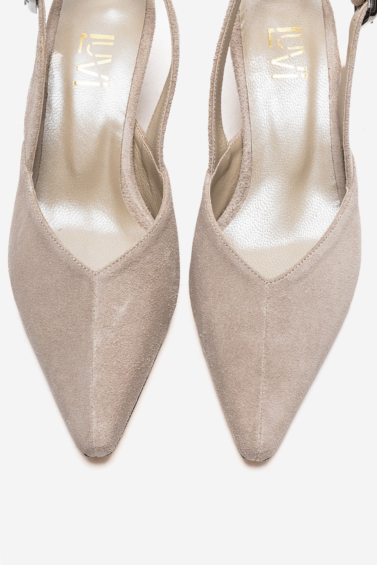 DIORIS - Beige Genuine Leather Slingback Kitten Heel Pointed Toe Pump – side view showing leather, suede, Vowalisse