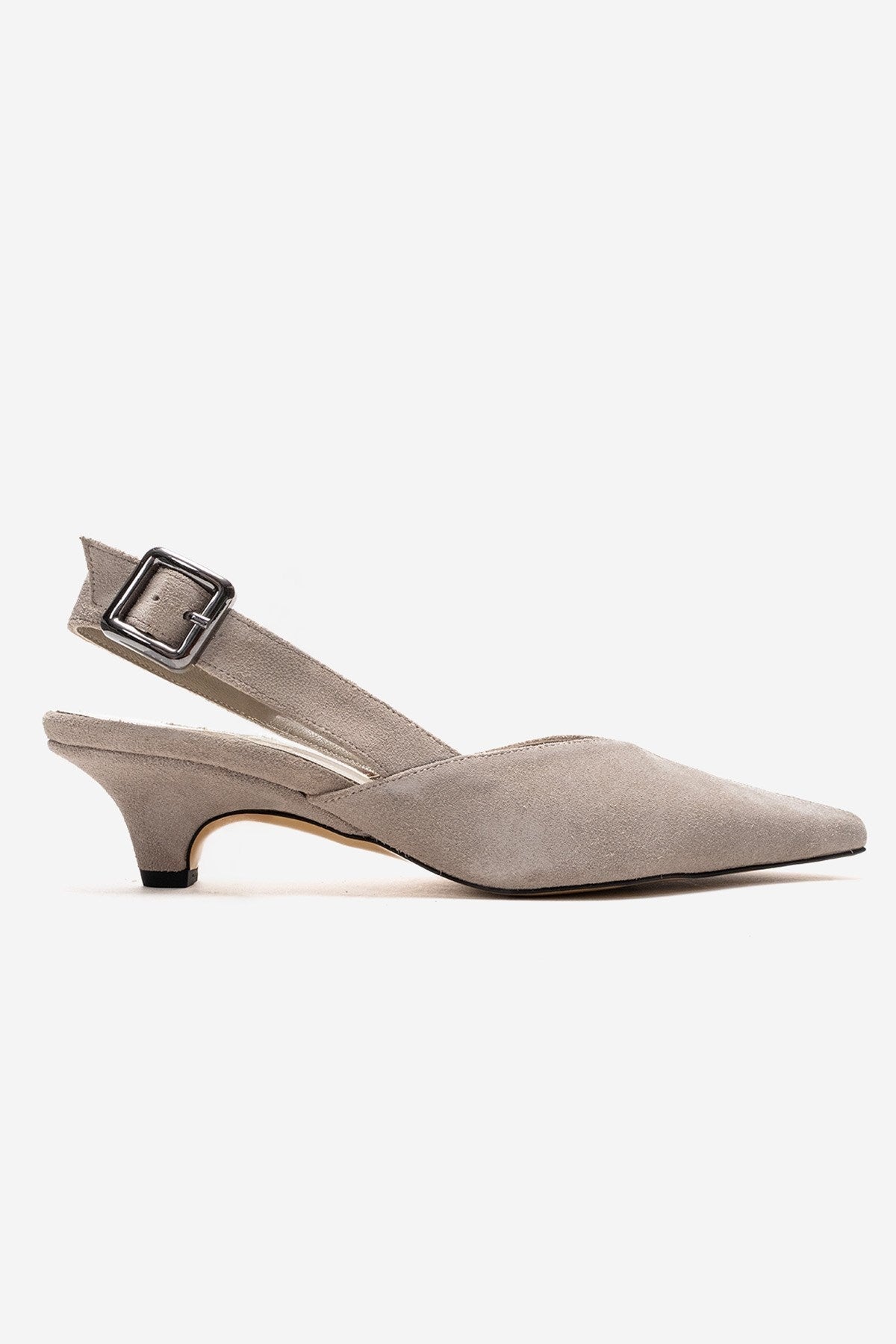 DIORIS - Beige Genuine Leather Slingback Kitten Heel Pointed Toe Pump – heel view showing leather, suede, Vowalisse