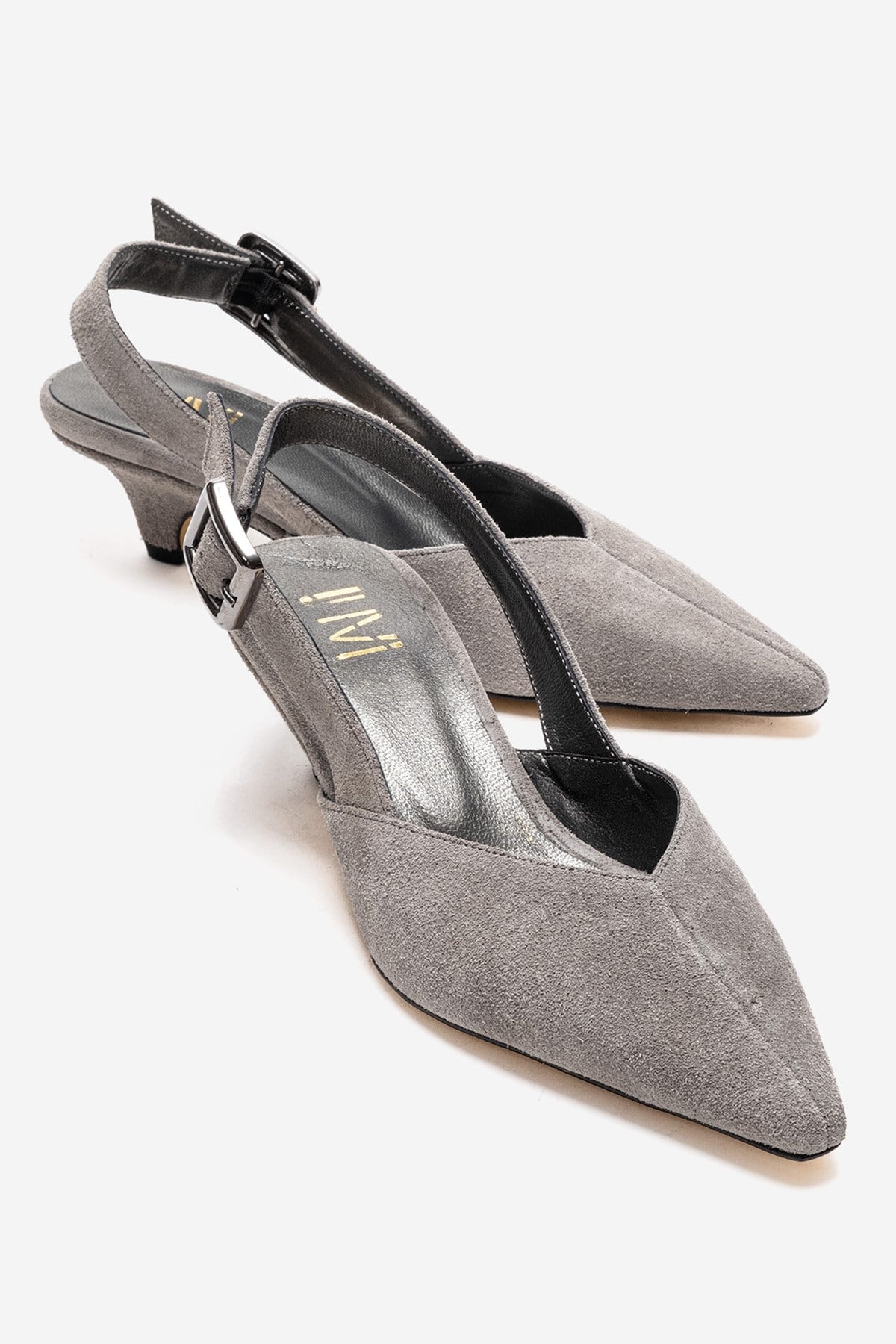 DIORIS - Gray Genuine Leather Slingback Kitten Heel Pointed Toe Pump – front three-quarter view showing leather, suede…