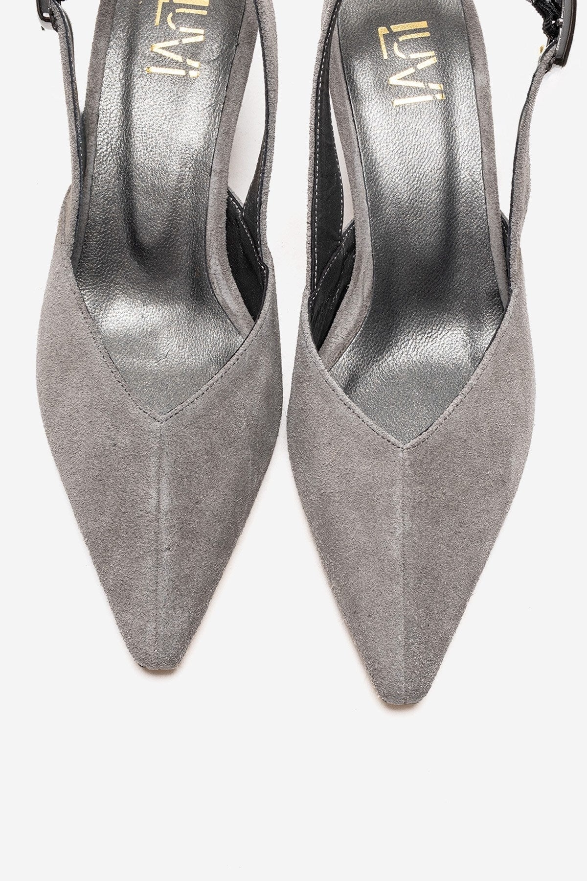 DIORIS - Gray Genuine Leather Slingback Kitten Heel Pointed Toe Pump – side view showing leather, suede, Vowalisse