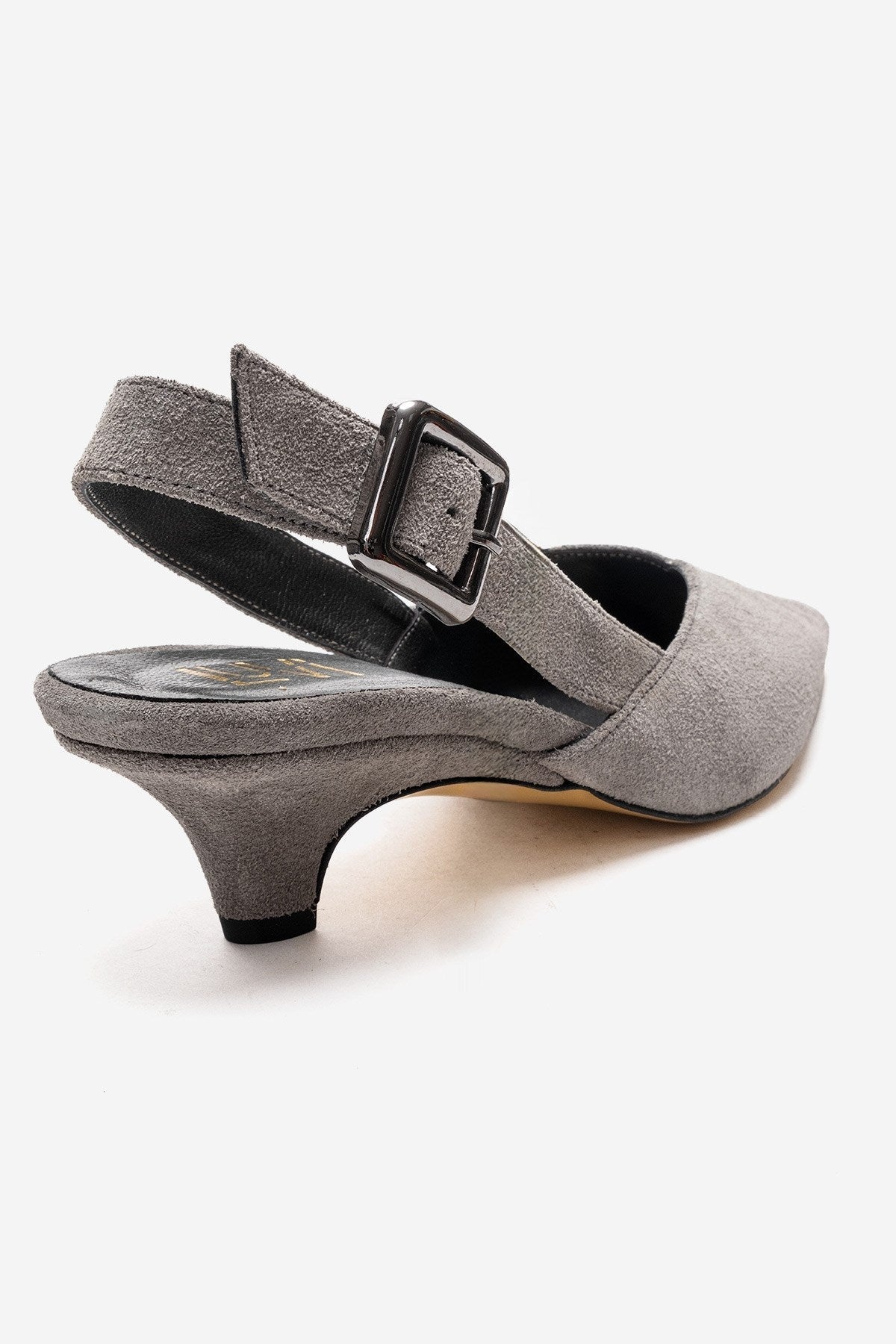 DIORIS - Gray Genuine Leather Slingback Kitten Heel Pointed Toe Pump – back view showing leather, suede, Vowalisse