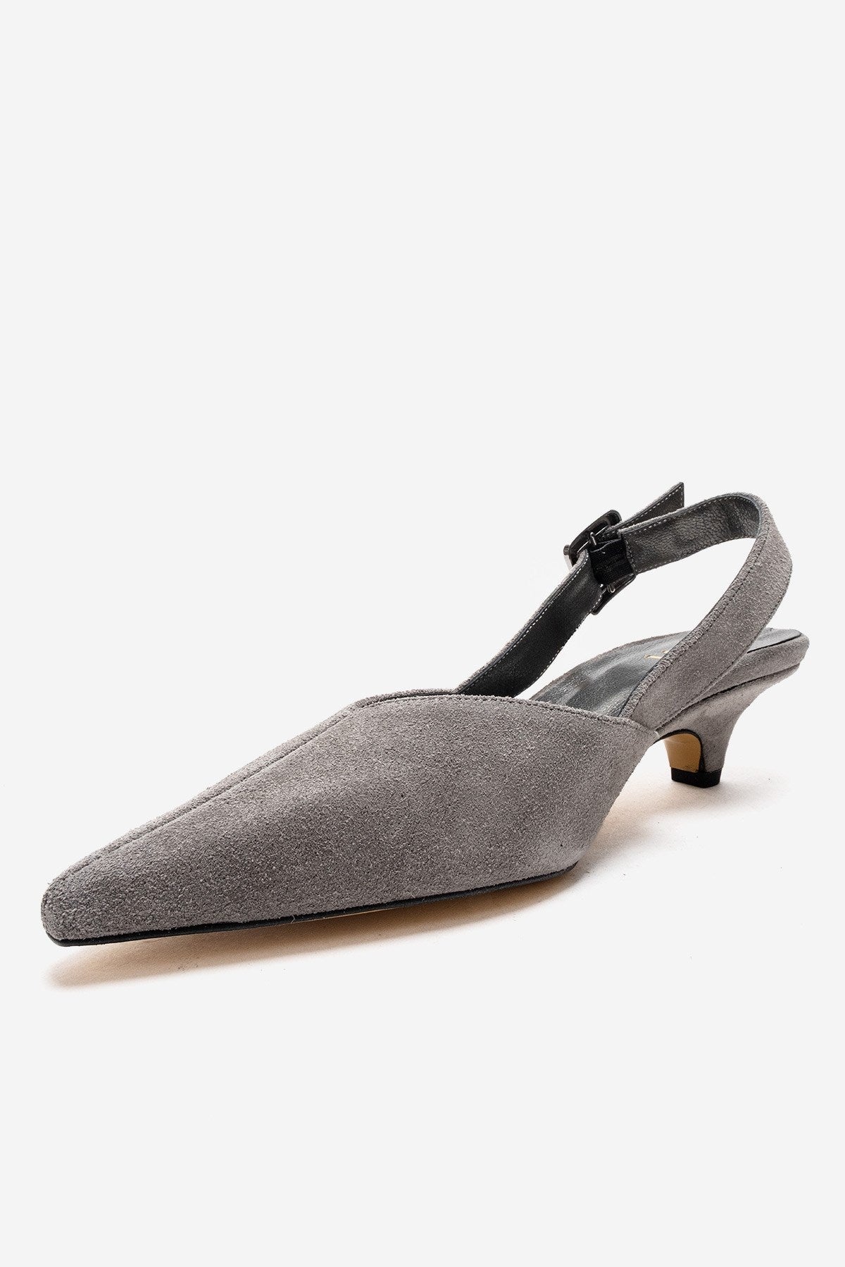 DIORIS - Gray Genuine Leather Slingback Kitten Heel Pointed Toe Pump – top view showing leather, suede, Vowalisse