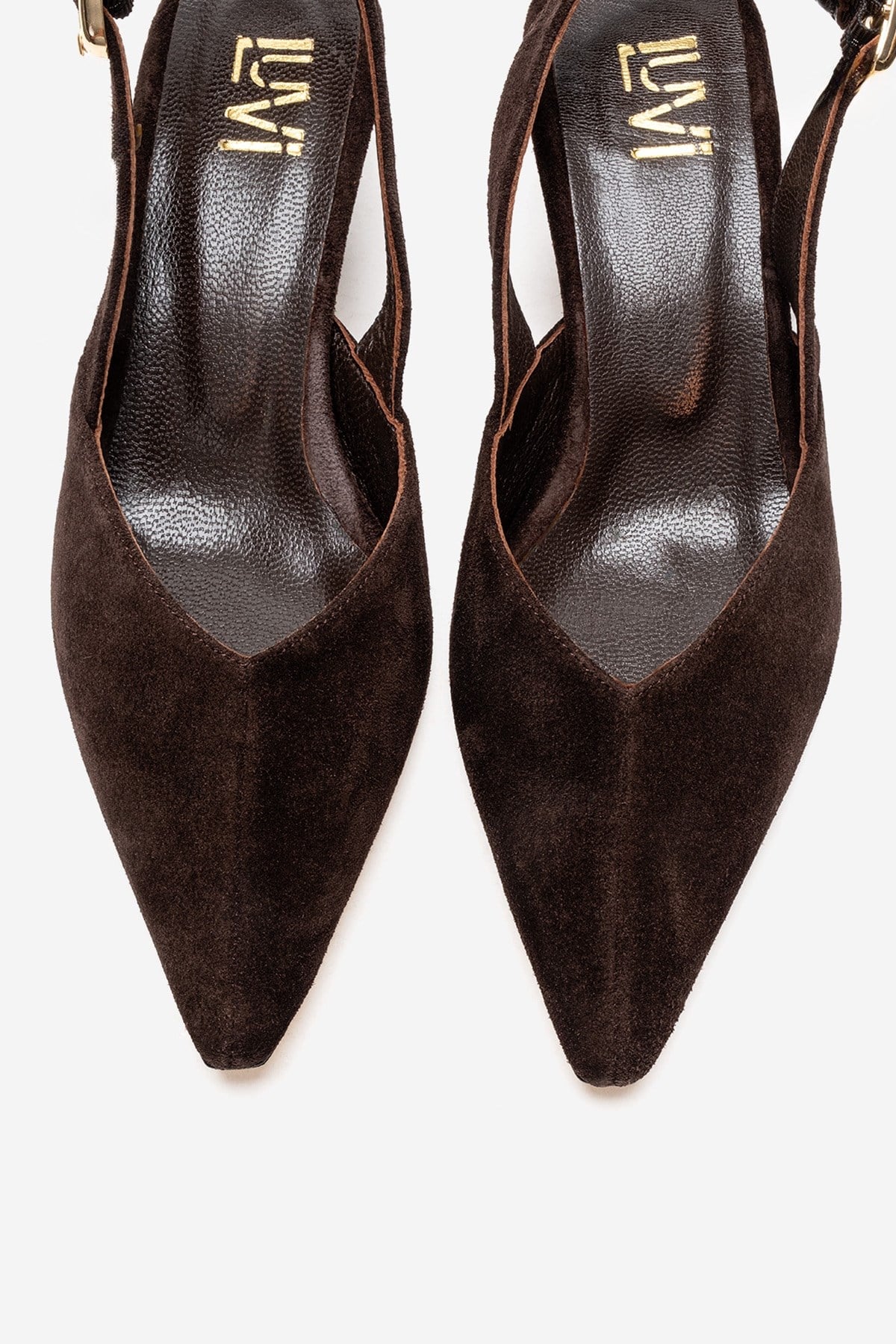 DIORIS - Brown Genuine Leather Slingback Kitten Heel Pointed Toe Pump – side view showing leather, suede, Vowalisse