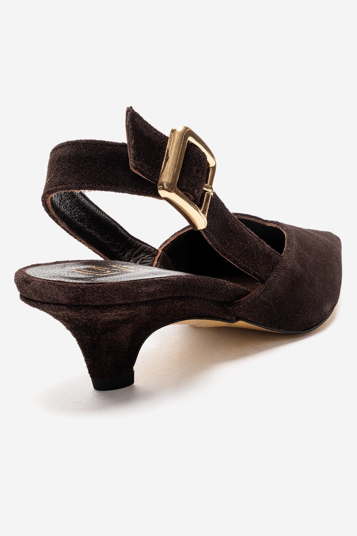 DIORIS - Brown Genuine Leather Slingback Kitten Heel Pointed Toe Pump – back view showing leather, suede, Vowalisse