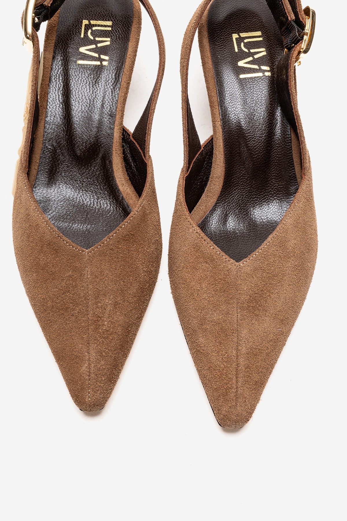 DIORIS - Camel Genuine Leather Slingback Kitten Heel Pointed Toe Pump – side view showing leather, suede, Vowalisse