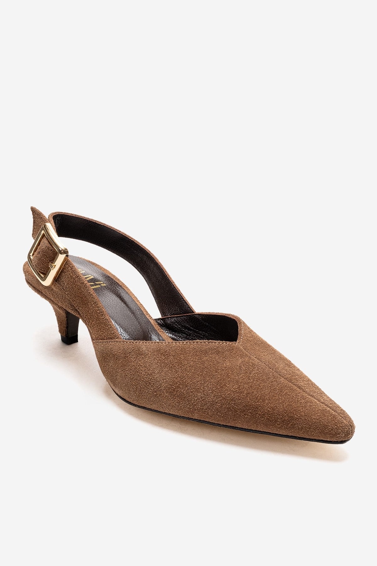 DIORIS - Camel Genuine Leather Slingback Kitten Heel Pointed Toe Pump – detail view showing leather, suede, Vowalisse