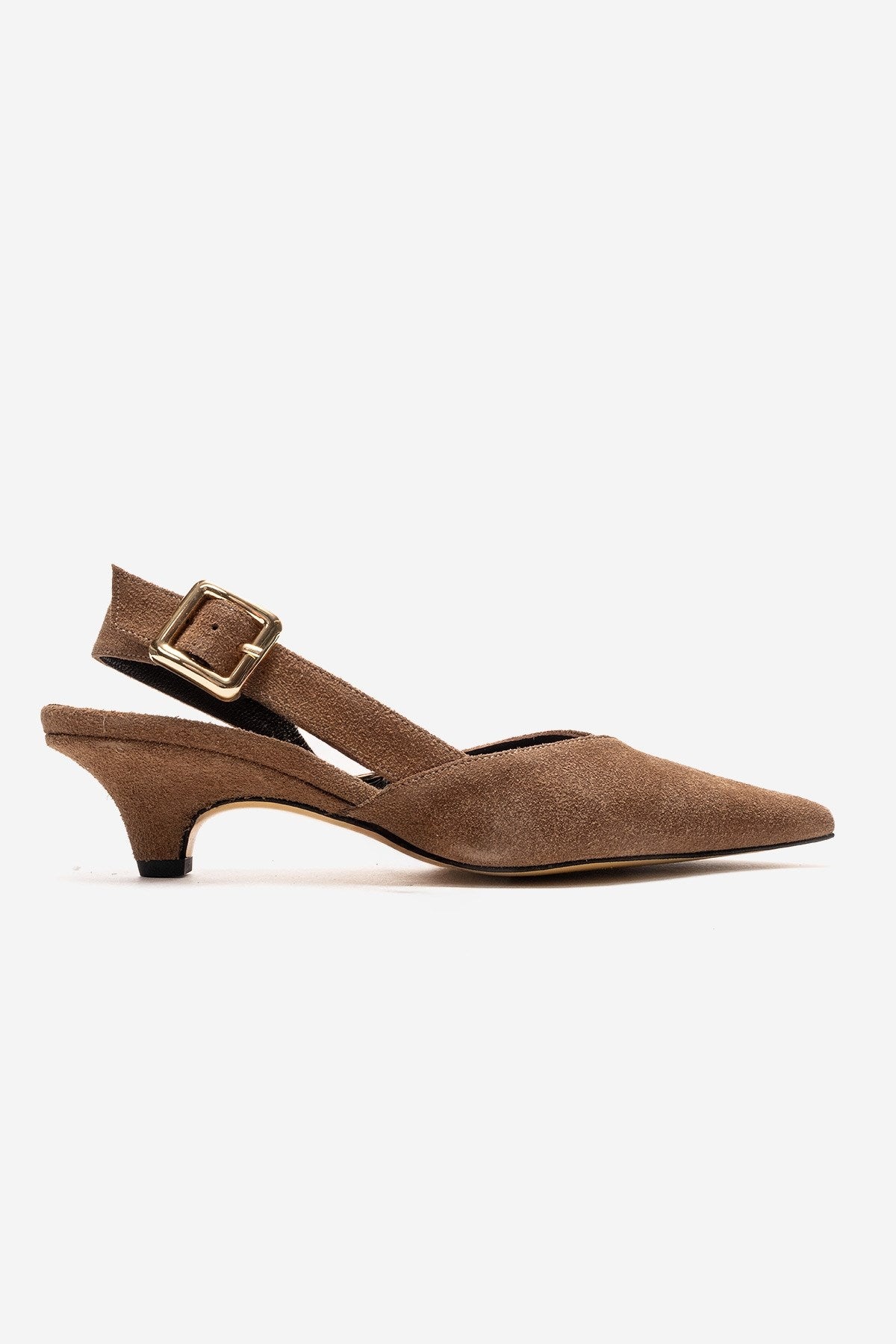 DIORIS - Camel Genuine Leather Slingback Kitten Heel Pointed Toe Pump – heel view showing leather, suede, Vowalisse