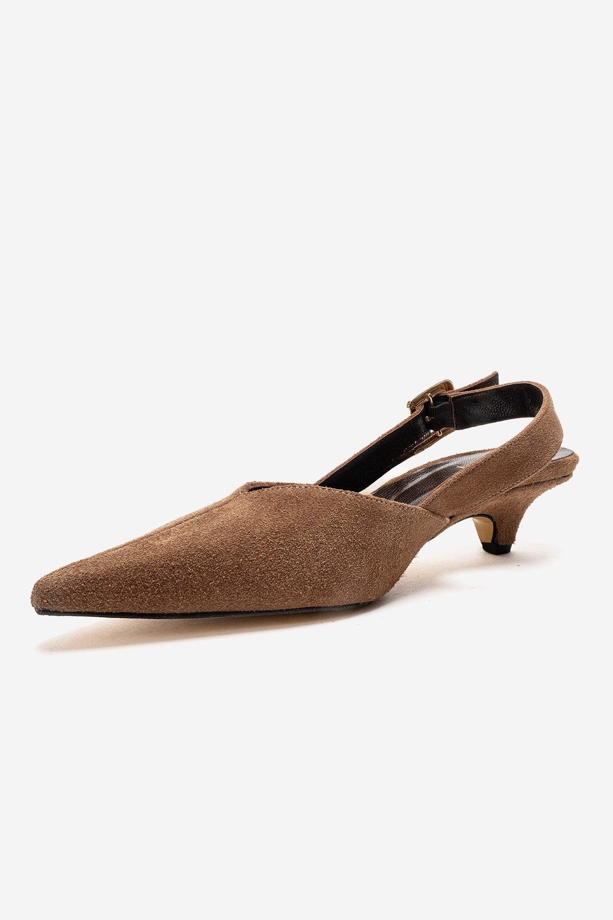 DIORIS - Camel Genuine Leather Slingback Kitten Heel Pointed Toe Pump – top view showing leather, suede, Vowalisse